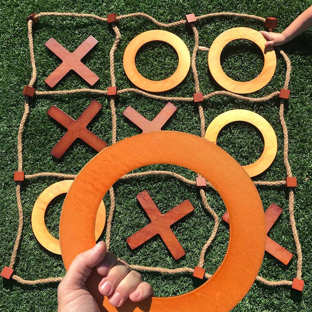 Front. Swooc Games - Giant Wooden Tic Tac Toe Game (All Weather) - 3ft x 3ft - Big Wood X & O Pieces with Rope Game Board - Tic Tac Toe Board - Brown.