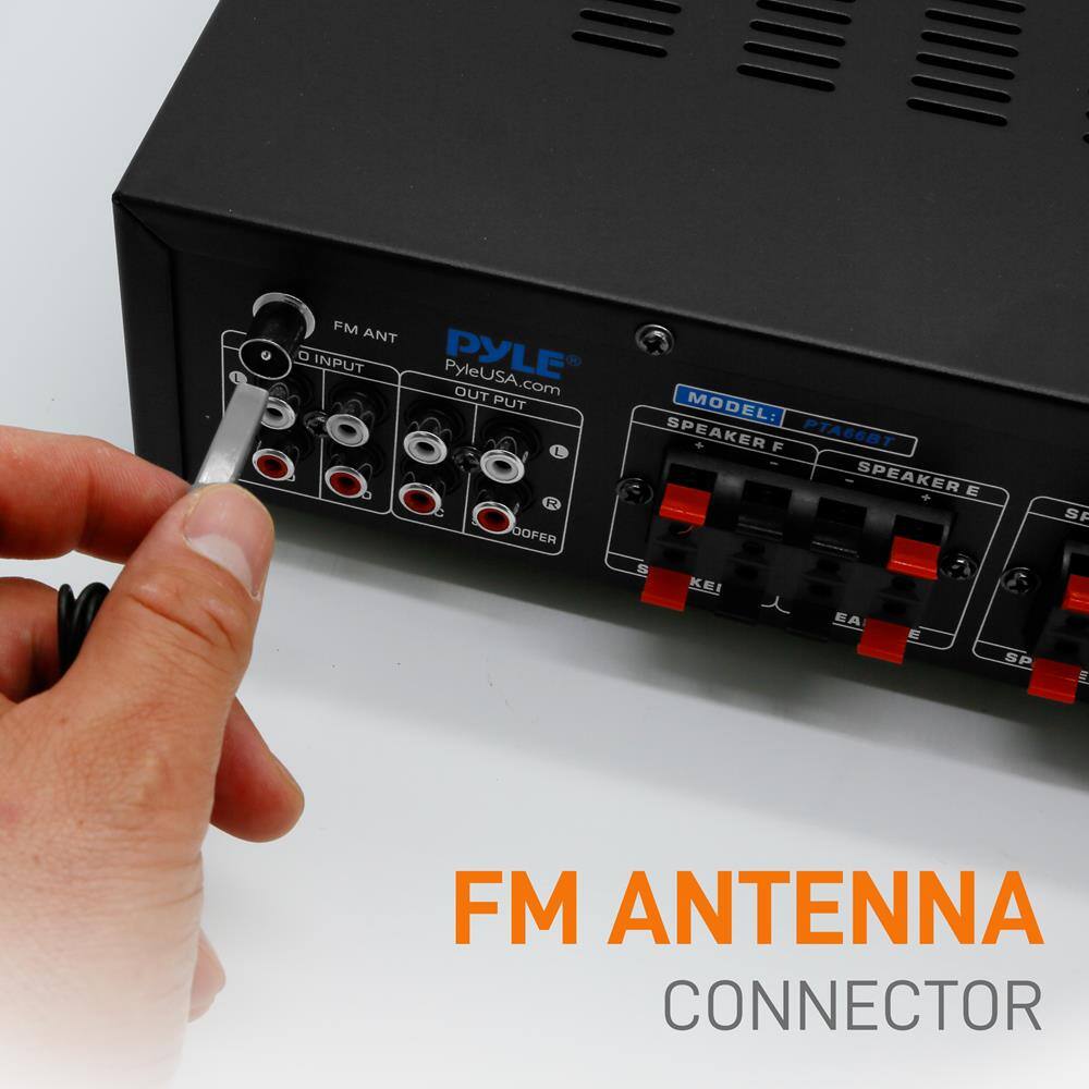 FM ANT  
INPUT  
PYLE  
PyleUSA.com  
OUT PUT  
MODEL: PTAS6BT  
SPEAKER F  
SPEAKER E  
SPEAKER G  
FM ANTENNA CONNECTOR