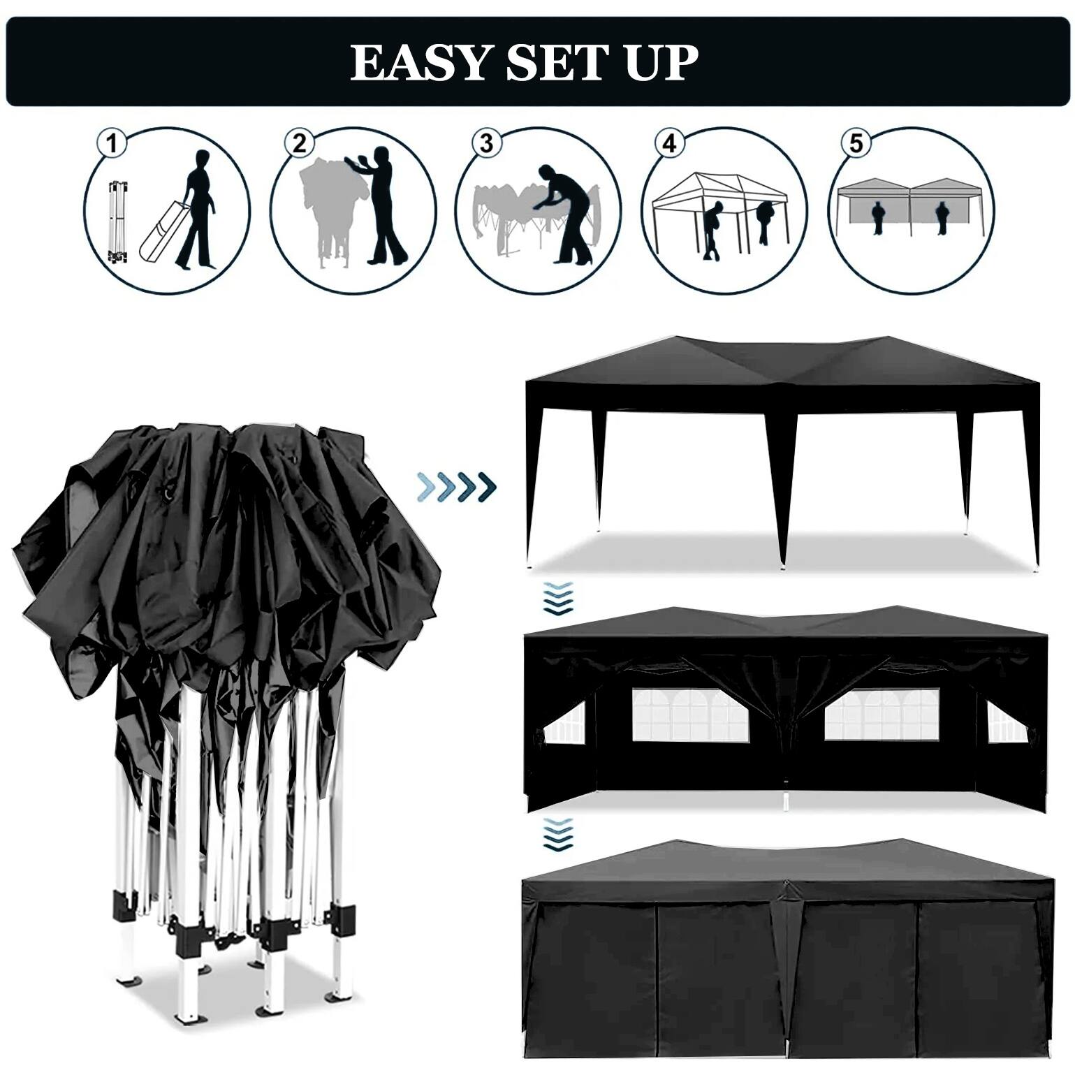 EASY SET UP

1. Unfold the tent frame.
2. Attach the legs.
3. Spread out the tent.
4. Attach the roof.
5. Secure the tent.