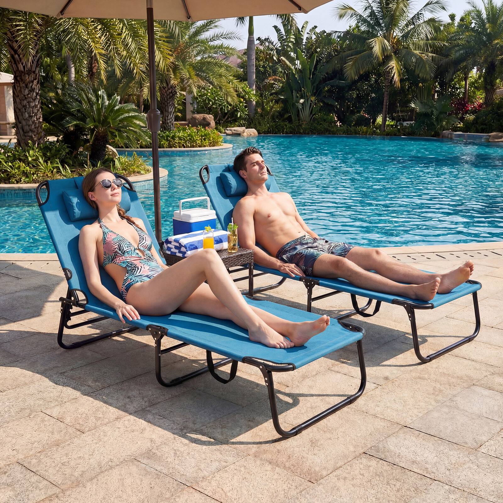 Alt View 1. Gymax - Gymax 2PCS Folding Beach Sun Lounger w/Face Hole Removable Pillows 4-Position Backrest Blue - Blue.