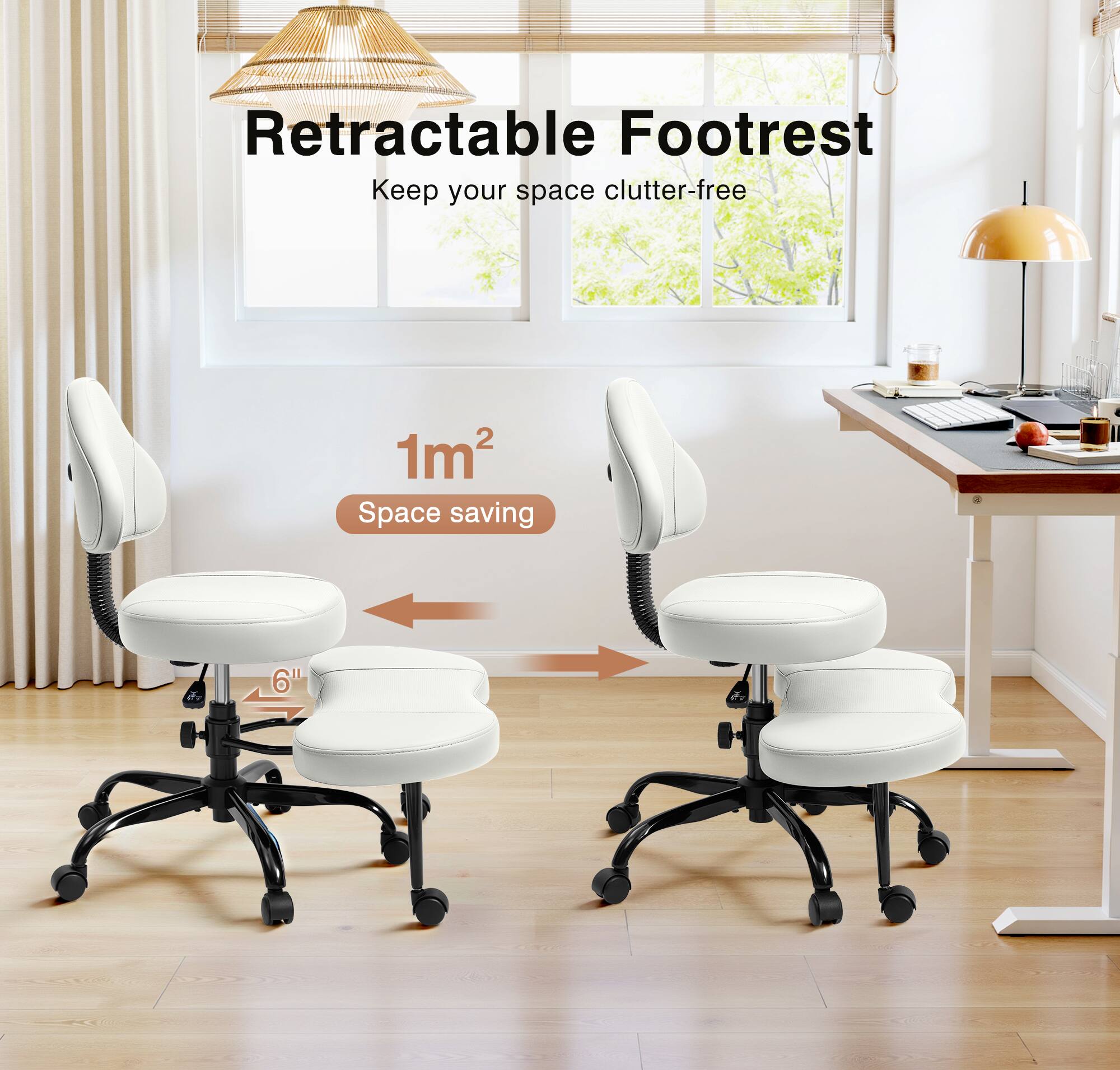 Retractable Footrest  
Keep your space clutter-free  

1m²  
Space saving  

6"