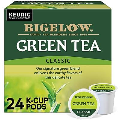 KEURIG  
GENUINE K-CUP PODS  

BIGELOW  
FAMILY TEA BLENDERS SINCE 1945  

GREEN TEA  
CLASSIC  

Our signature green blend enlivens the earthy flavors of this delicate tea  

24 K-CUP PODS  

BIGELOW  
GREEN TEA  
CLASSIC  
KEURIG