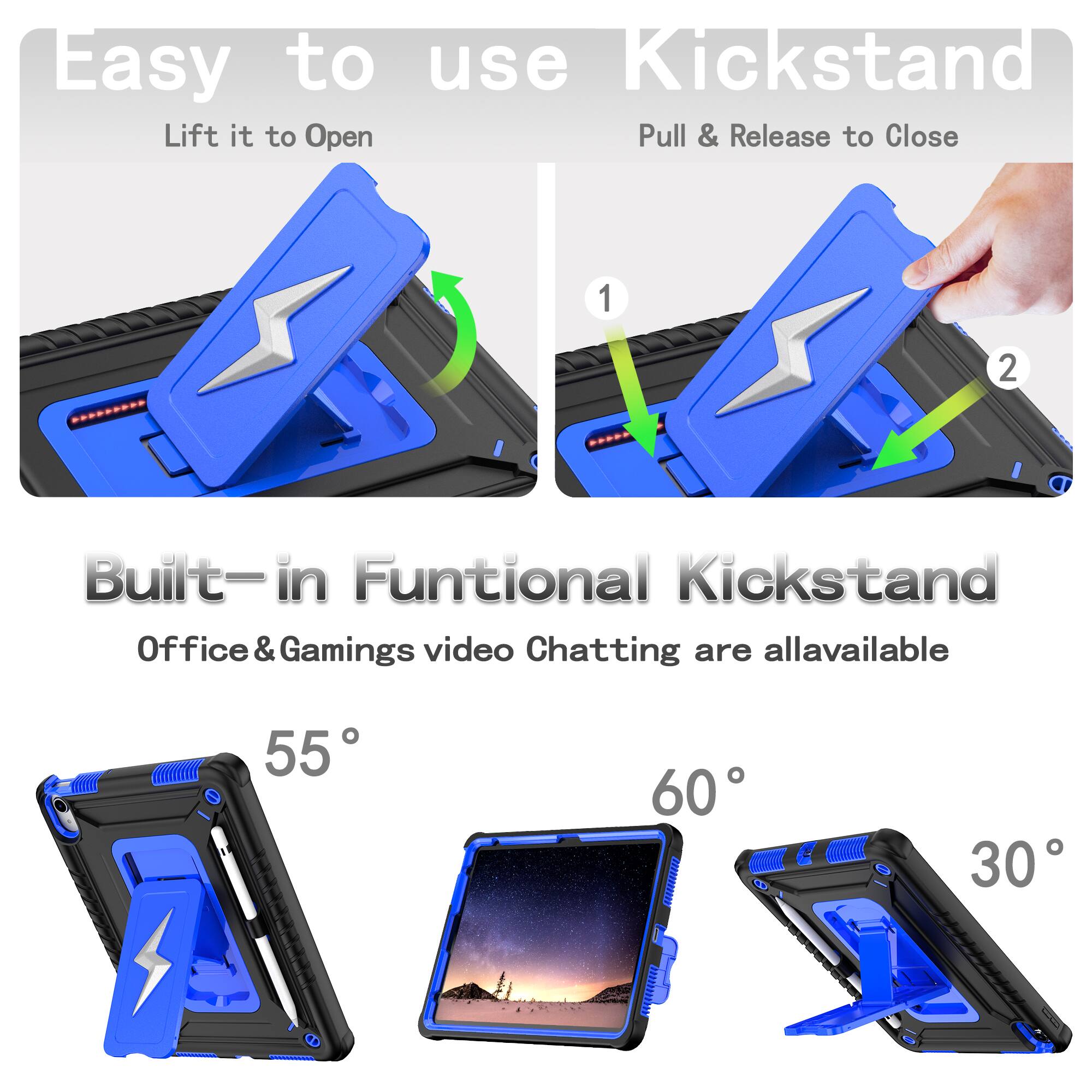 Easy to use Kickstand  
Lift it to Open  
Pull & Release to Close  

Built-in Functional Kickstand  
Office & Gaming video Chatting are all available  

55°  
60°  
30°