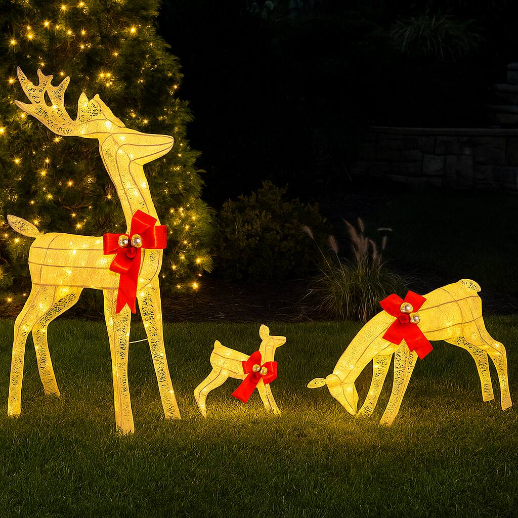Angle. BreeBe - Christmas Deer Set of 3 with 230 LEDs for Outdoor Lawn Display - White.