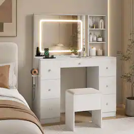 WELLFOR - Vanity Desk Set with Lighted Mirror & Charging Station, Modern Makeup Vanity with Storage Stool & Hair Dryer Stand - White