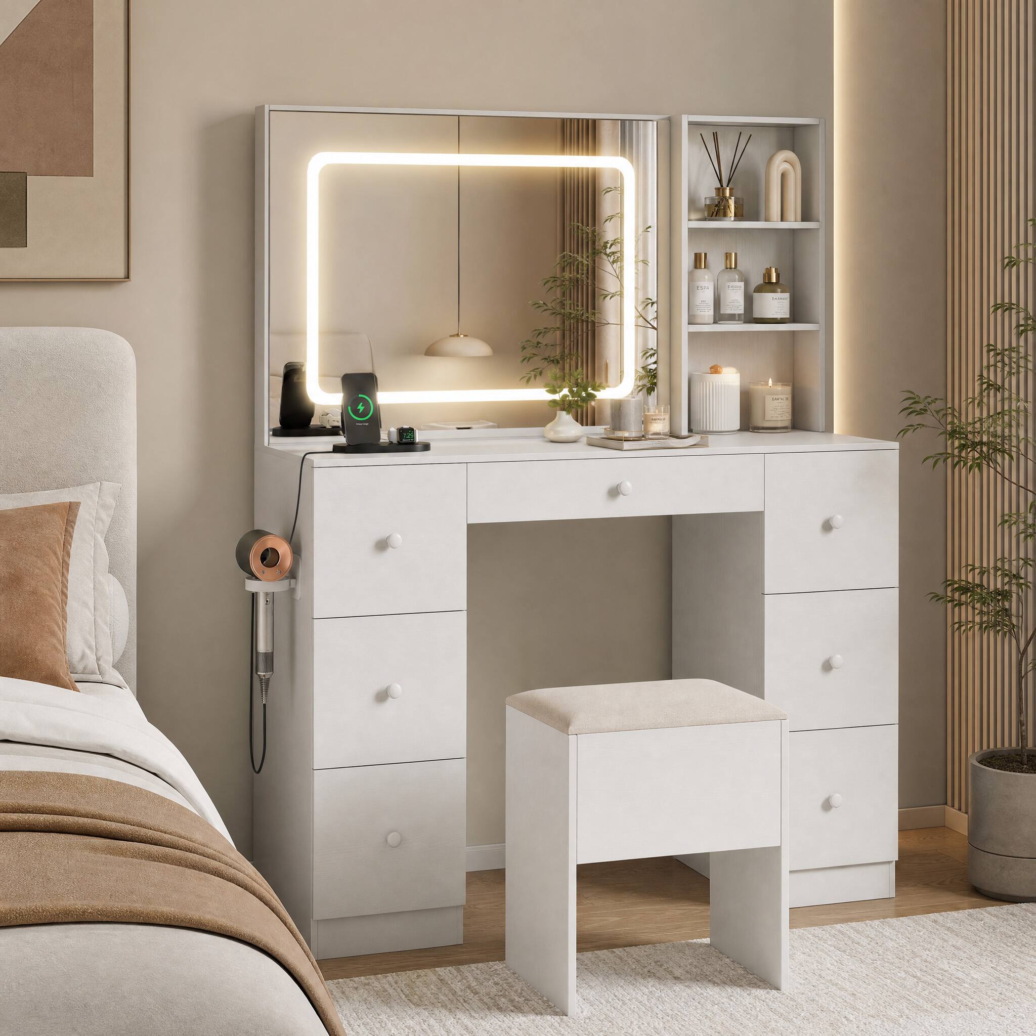 Front. WELLFOR - Vanity Desk Set with Lighted Mirror & Charging Station, Modern Makeup Vanity with Storage Stool & Hair Dryer Stand - White.