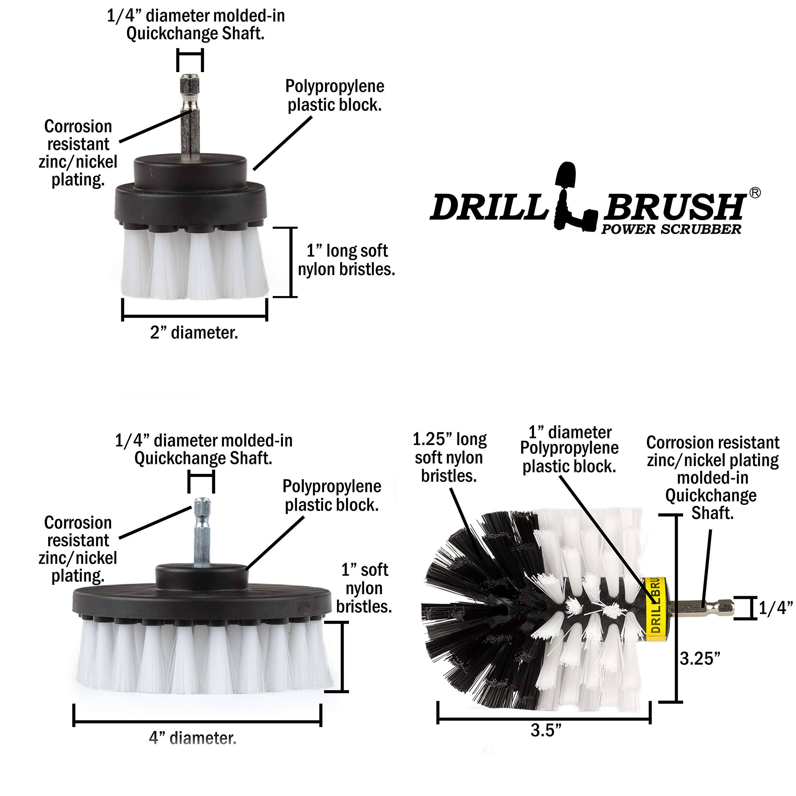 1/4" diameter molded-in Quickchange Shaft. Corrosion resistant zinc/nickel plating. Polypropylene plastic block. DRILL BRUSH POWER SCRUBBER 1" long soft nylon bristles. 2" diameter. 1" diameter 1/4" diameter molded-in 1.25" long Corrosion resistant soft Polypropylene Quickchange Shaft. nylon zinc/nickel plating plastic block. bristles. molded-in Polypropylene block. Quickchange plastic Shaft. Corrosion resistant zinc/nickel 1" soft plating. nylon bristles. DRILEBR 1/4" 3.25" 4" diameter. 3.5"