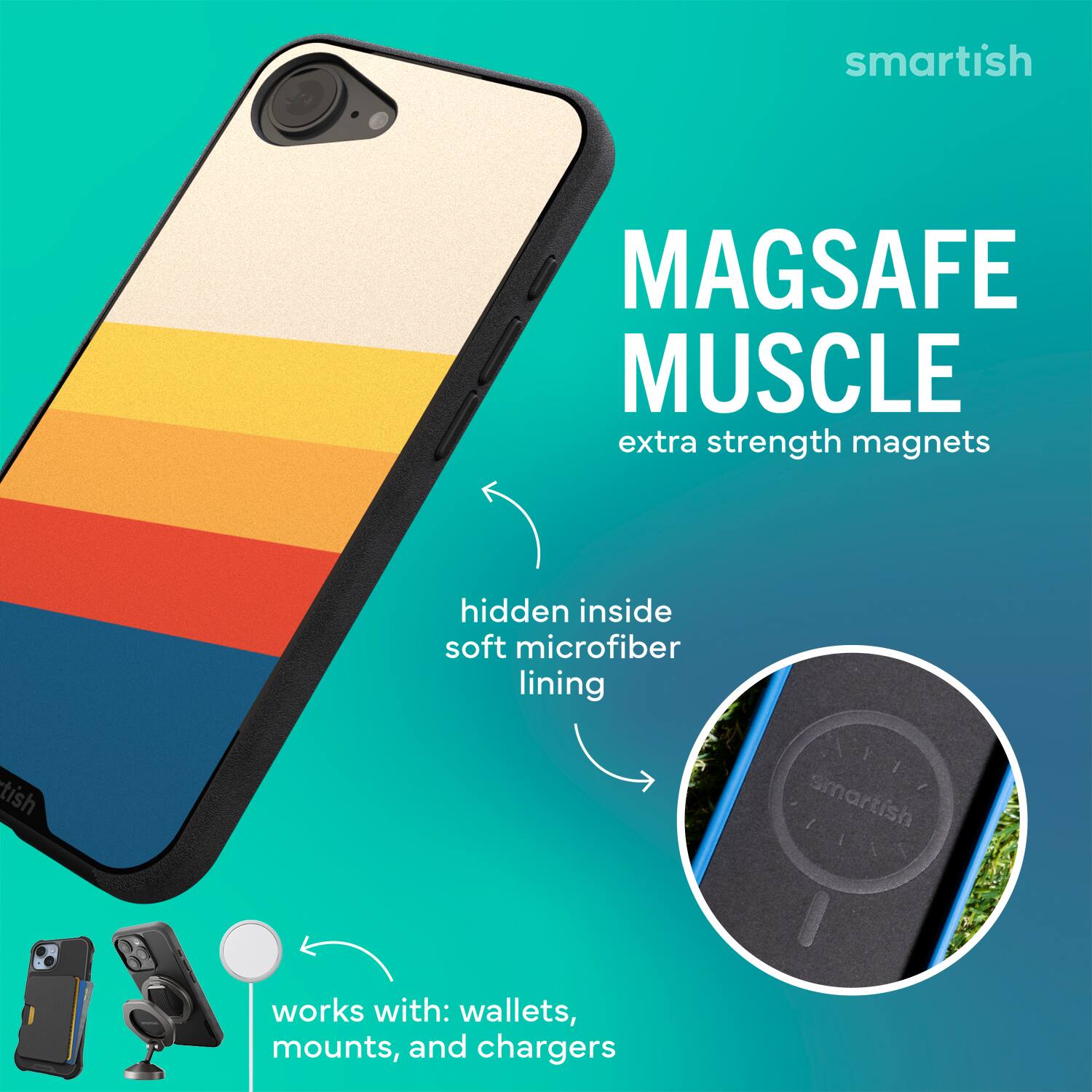 smartish MAGSAFE MUSCLE extra strength magnets hidden inside soft microfiber lining works with: wallets, mounts, and chargers