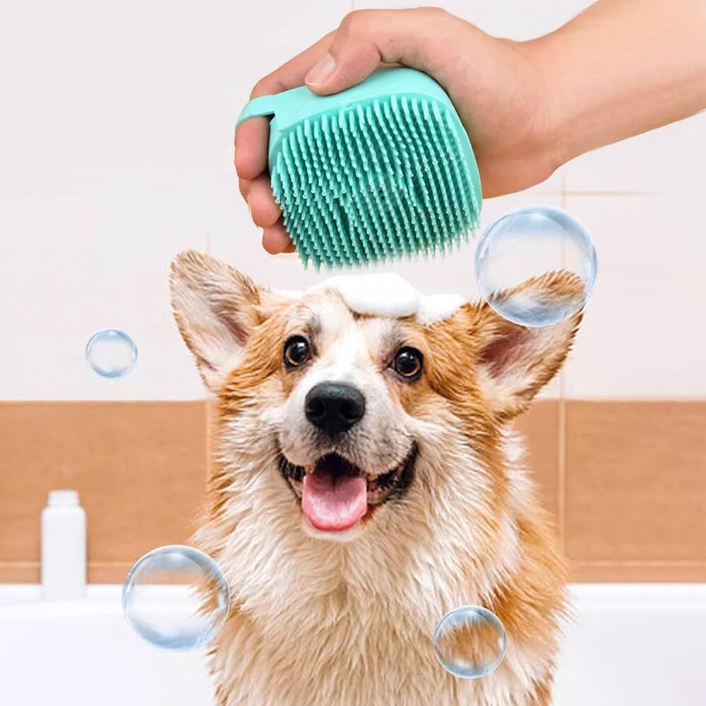 Left. THIRSTY TURTLE - 7-Piece Pet Grooming Kit with Self-Cleaning Shedding Brush, Nail Clipper, Flea Comb, Bath Brush, Toothbrush, Storage Bag.