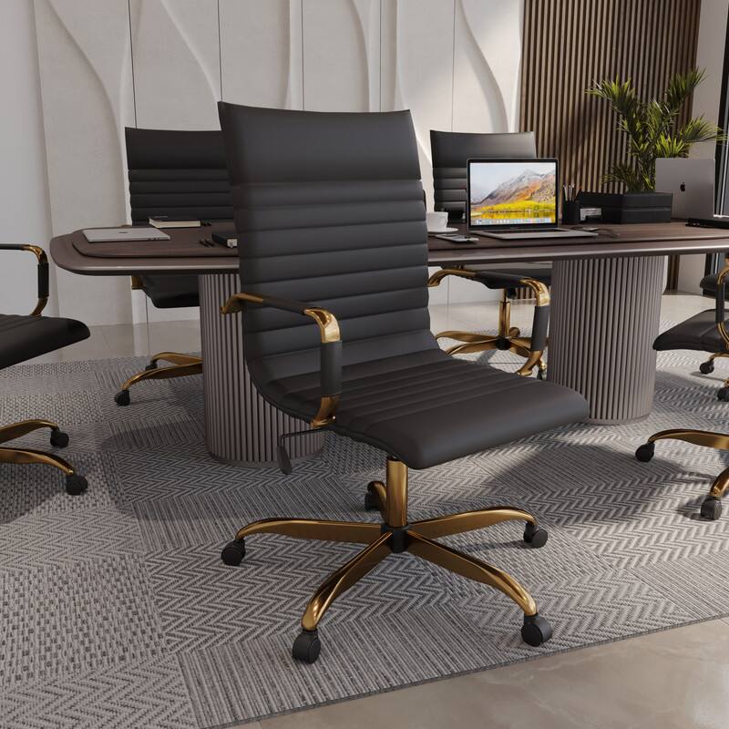 Left. LeisureMod - Harris Ergonomic High-Back Office Chair Leather Upholstery, Adjustable Swivel, Tilt, and Gold Stainless Steel Frame - Black.