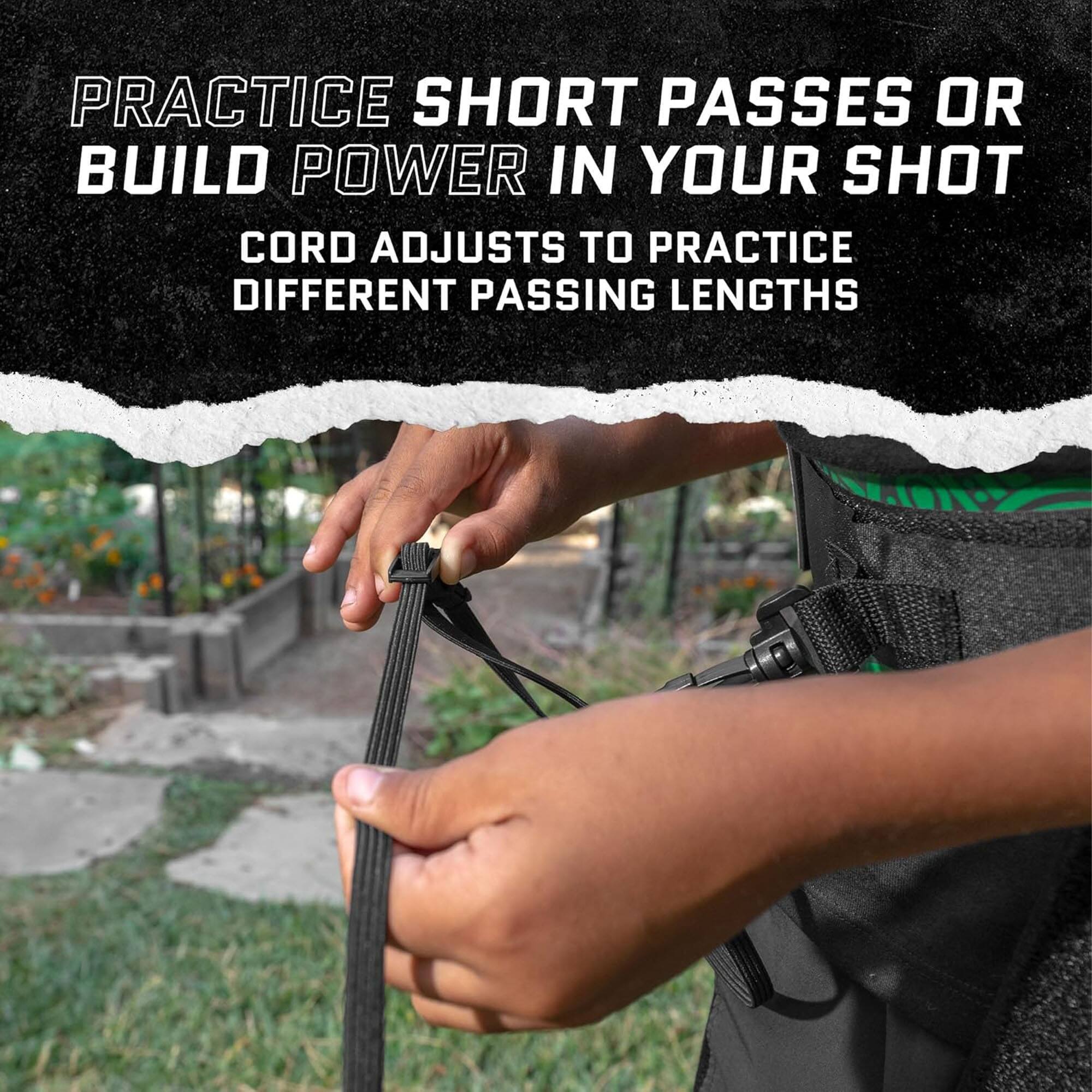 PRACTICE SHORT PASSES OR BUILD POWER IN YOUR SHOT  
CORD ADJUSTS TO PRACTICE DIFFERENT PASSING LENGTHS