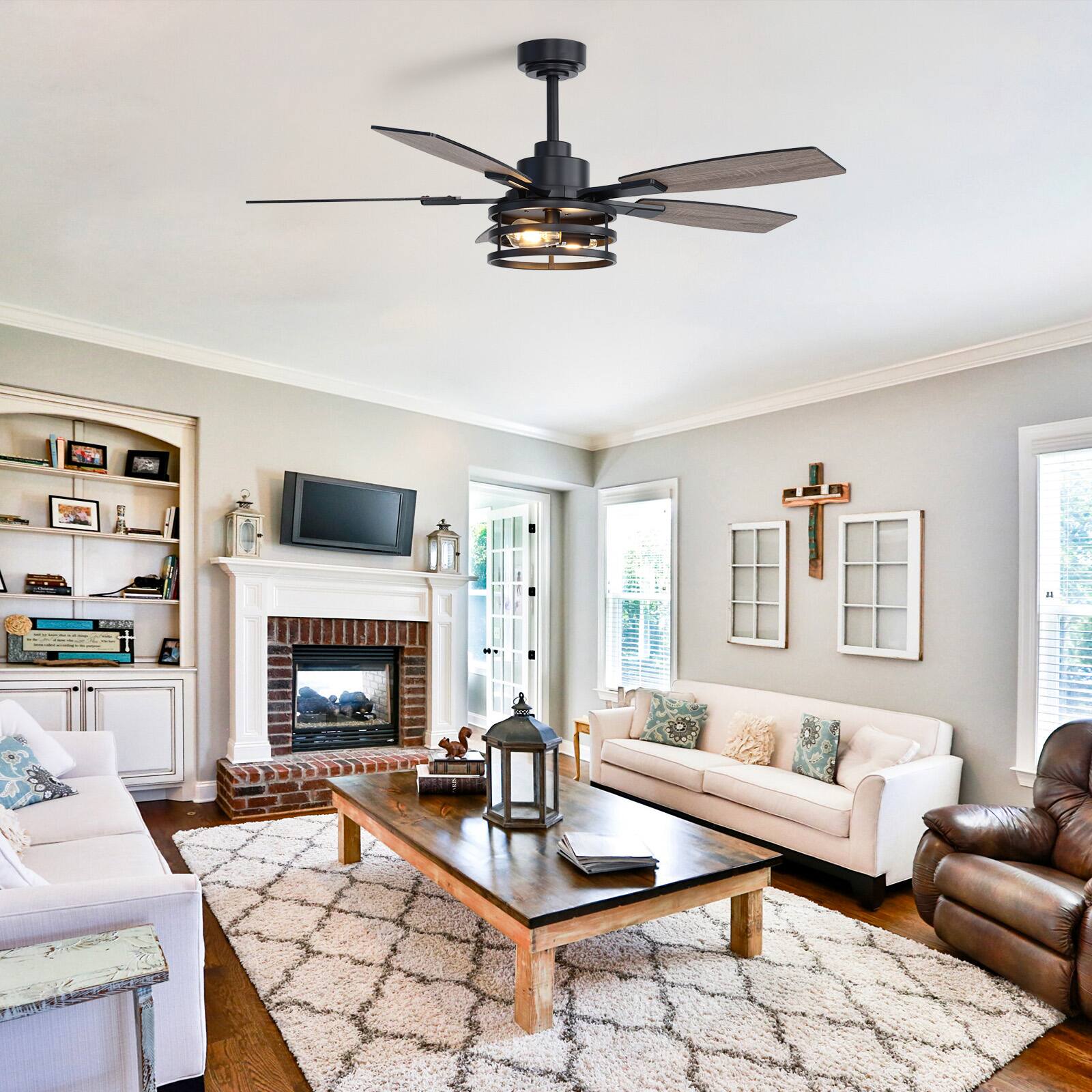 Angle. Siljoy - 52 Inch Black Caged Farmhouse Ceiling Fan with Lights & Remote for Bedroom, Living Room & Patio Indoor/Outdoor - Black.