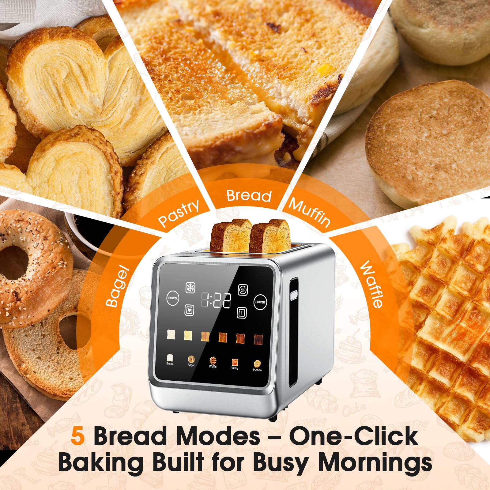 5 Bread Modes - One-Click Baking Built for Busy Mornings

- Bread
- Pastry
- Muffin
- Bagel
- Waffle

Cake
