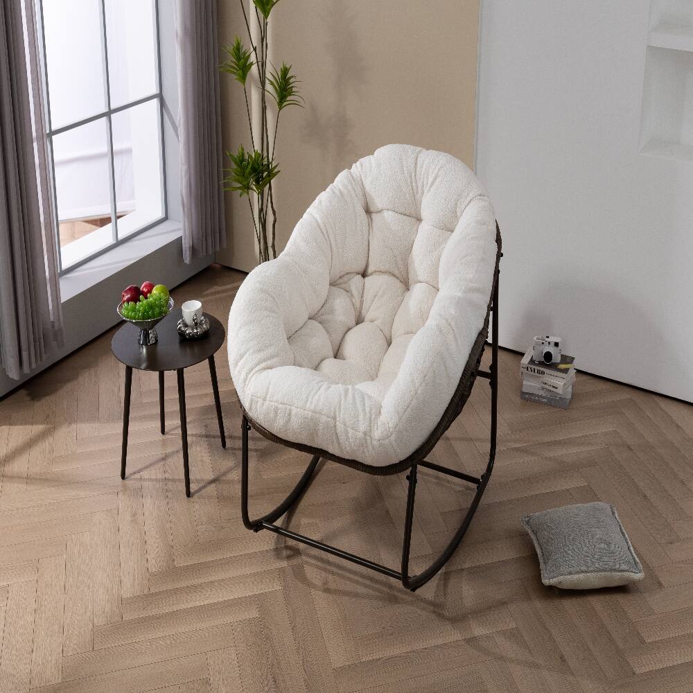 Alt View 5. Loheer - Loheer Outdoor Rocking Chair Oversized Egg Chair Rattan Patio Rocker with Padded Cushion White - White.