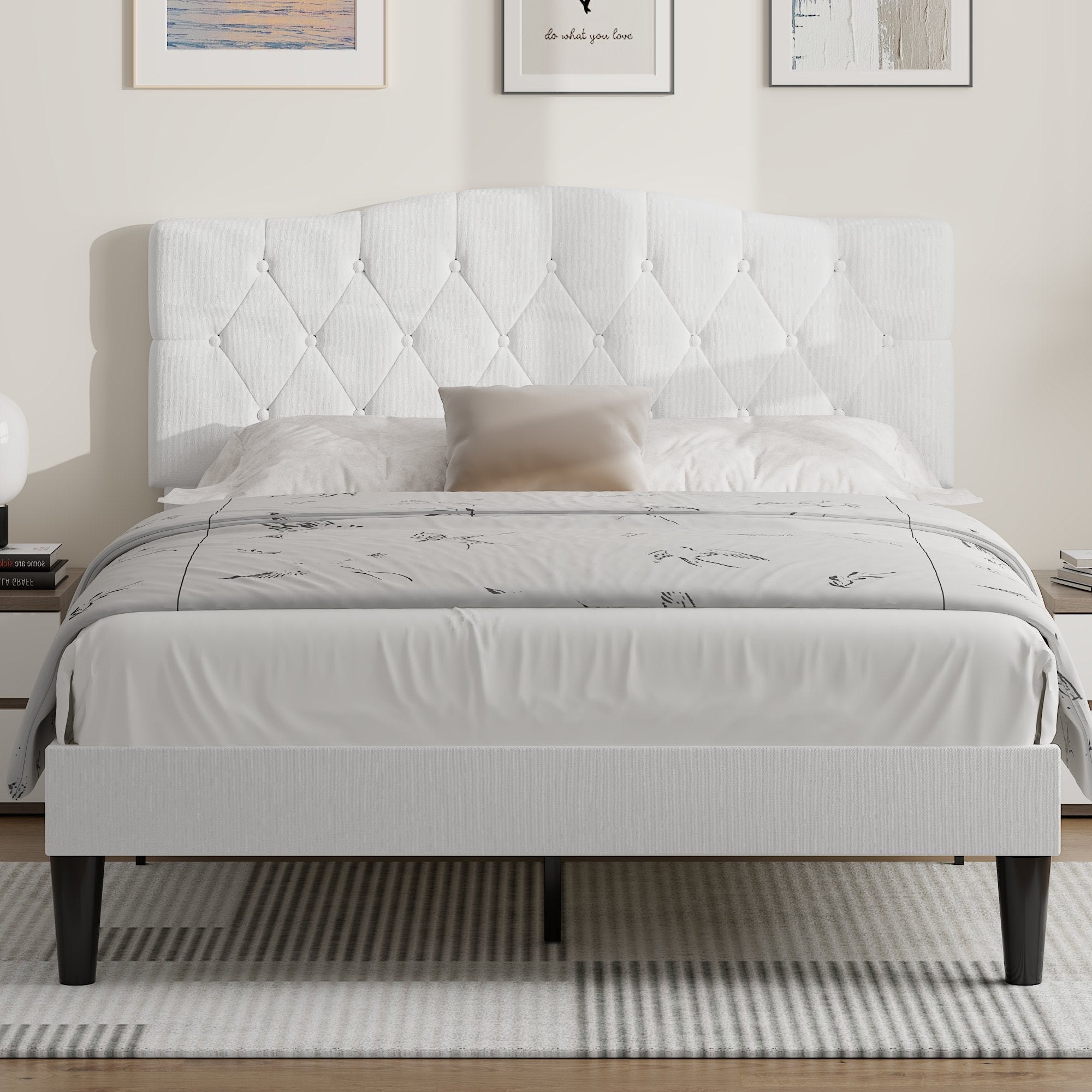 Vecelo - Queen Upholstered Platform Bed Frame with Adjustable Tufted Headboard, Heavy-Duty Metal & Wood Slats, Noise-Free Design - White