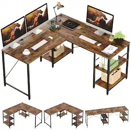 Bestier - 59inch L Shaped Desk with Shelves Home Office Gaming Computer Desk - Brown