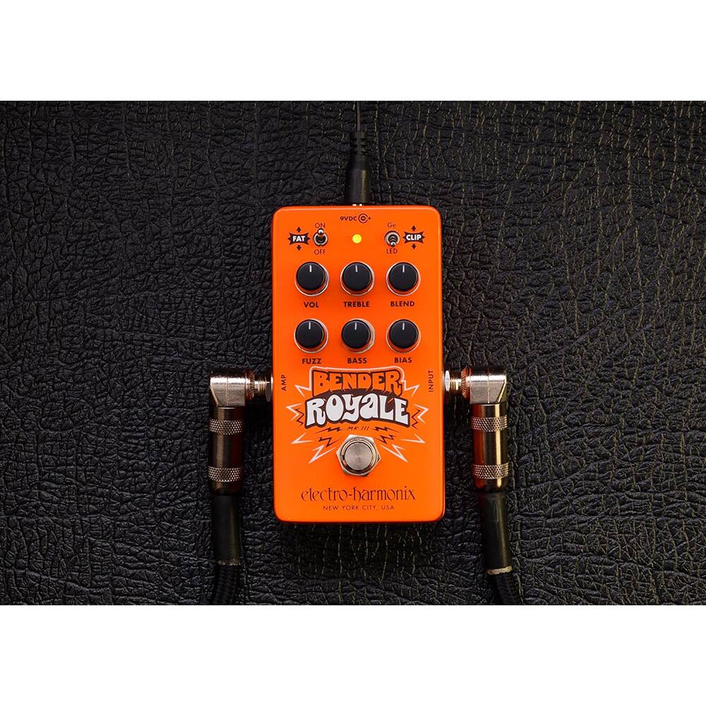 FAT ON VDC O Le CLIP .ED VOL TREBLE BLEND FUZZ BASS BIAS AMP BENDER INPUT ROYALE MEM electro-barmonix .W TOKR CIIT USA