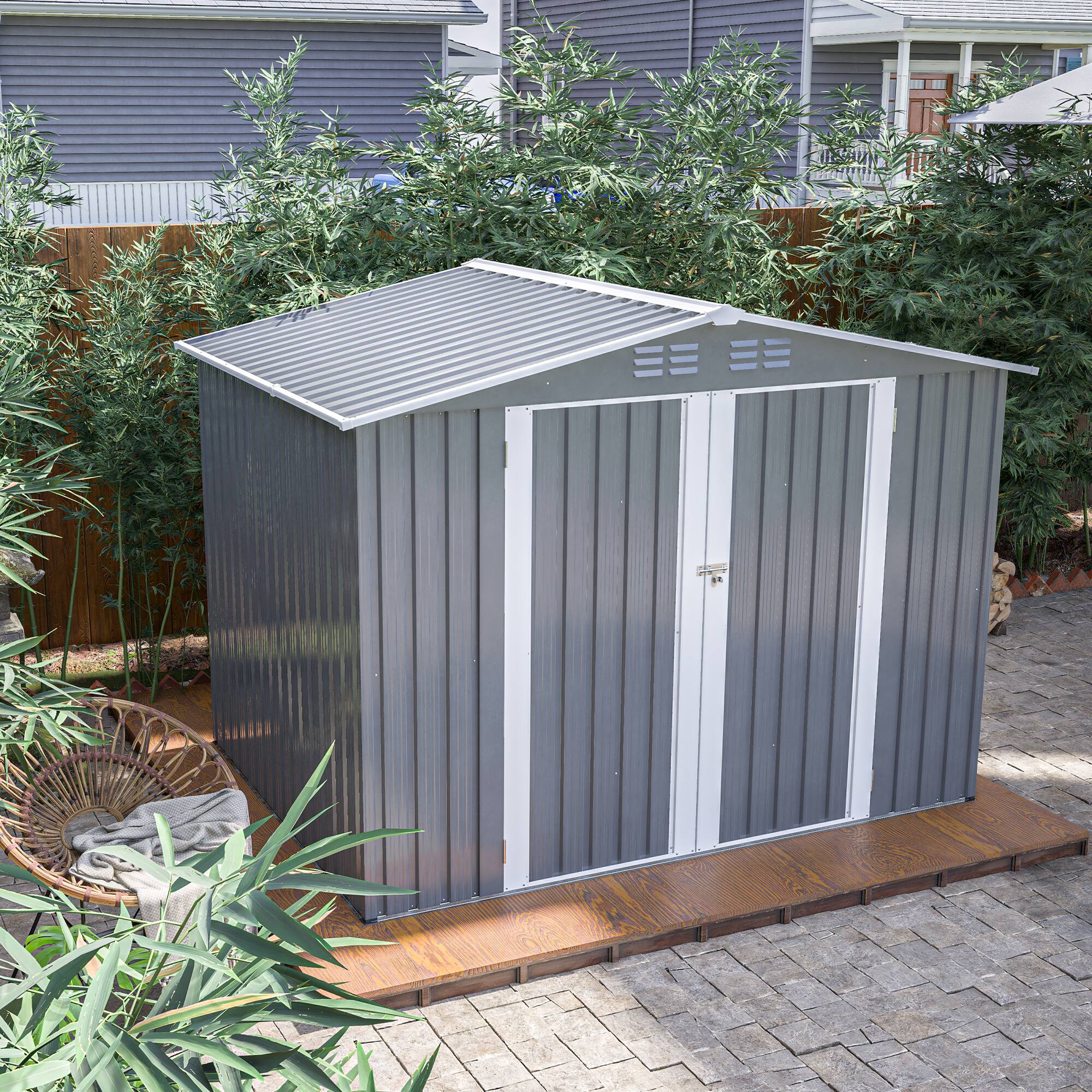 Angle. Lirago - 8x6 FT Outdoor Storage Shed All-Weather Metal Shed with Lockable Doors - Gray.