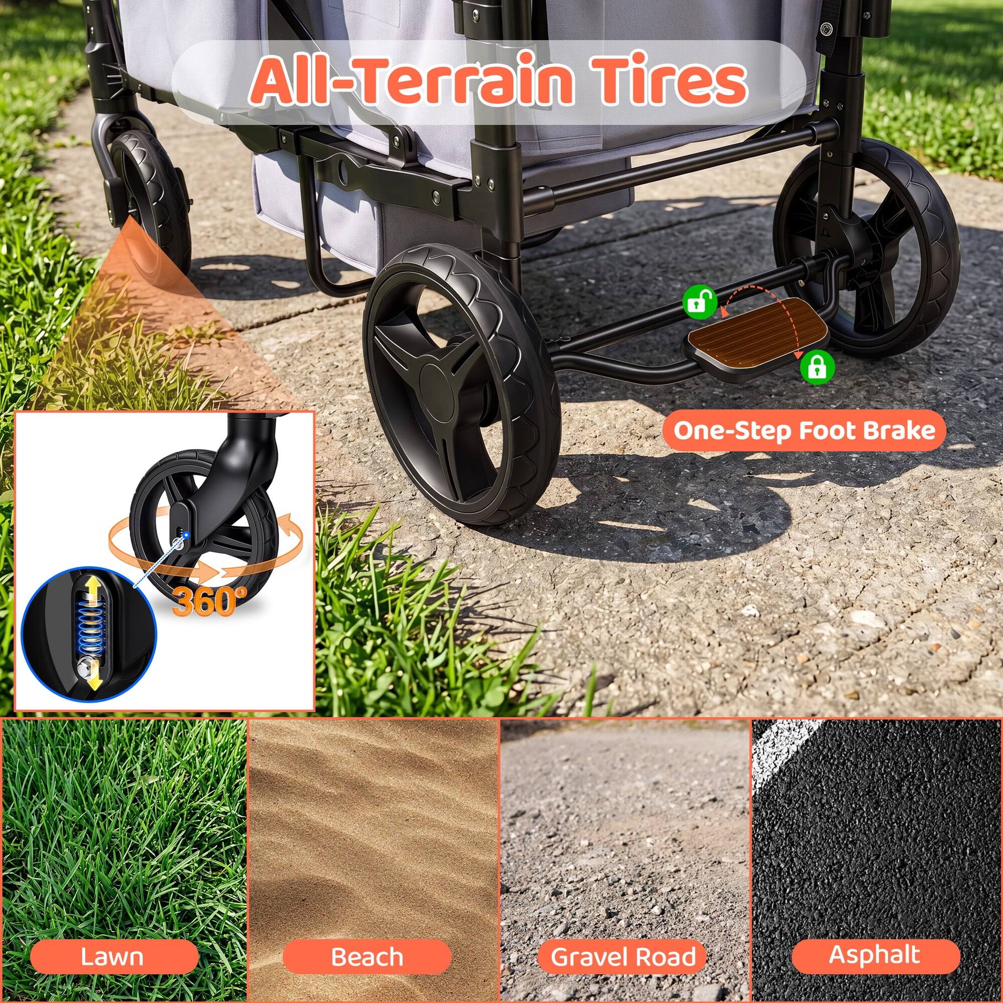 All-Terrain Tires

One-Step Foot Brake

360

Lawn

Beach

Gravel Road

Asphalt