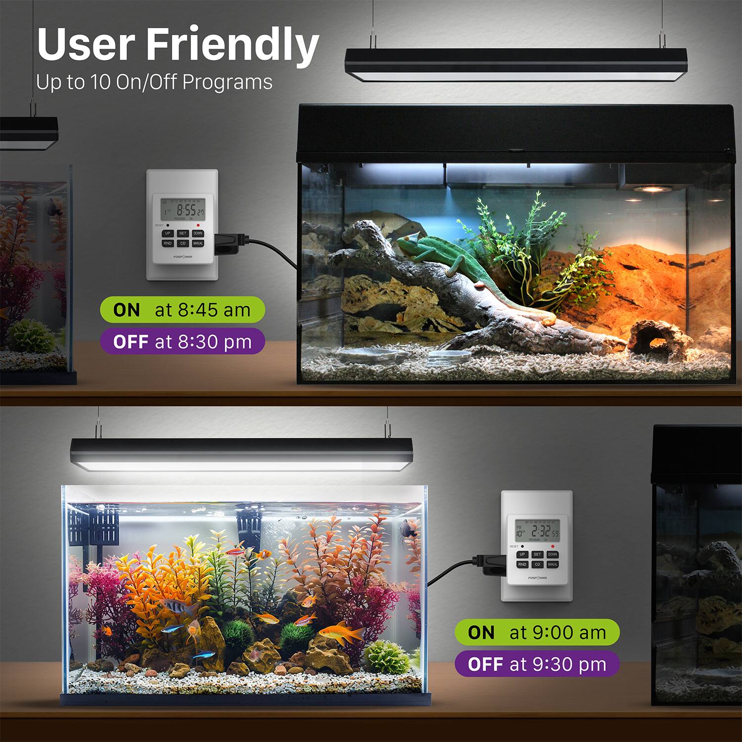 User Friendly Up to 10 On/Off Programs - 8:55 am - 2:32 am - 1 - - - - - ON at 8:45 am OFF at 8:30 pm - ON at 9:00 am OFF at 9:30 pm