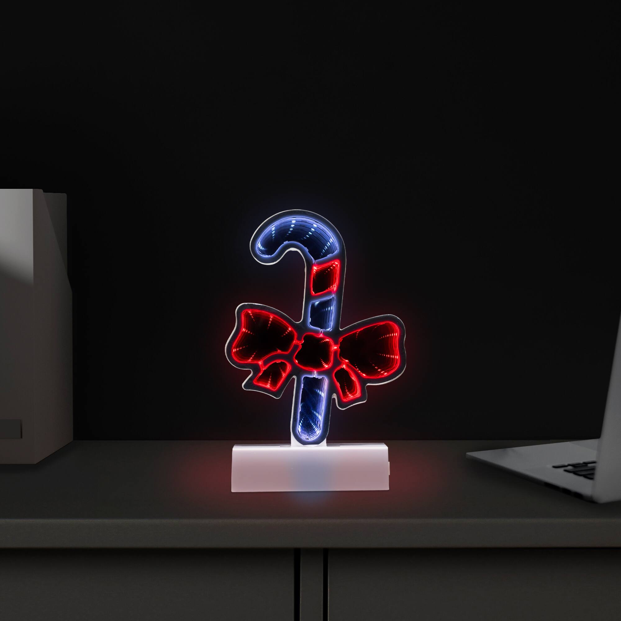 Alt View 2. Northlight - LED 3D Candy Cane with Bow Christmas Infinity Mirror - 8" - Red.