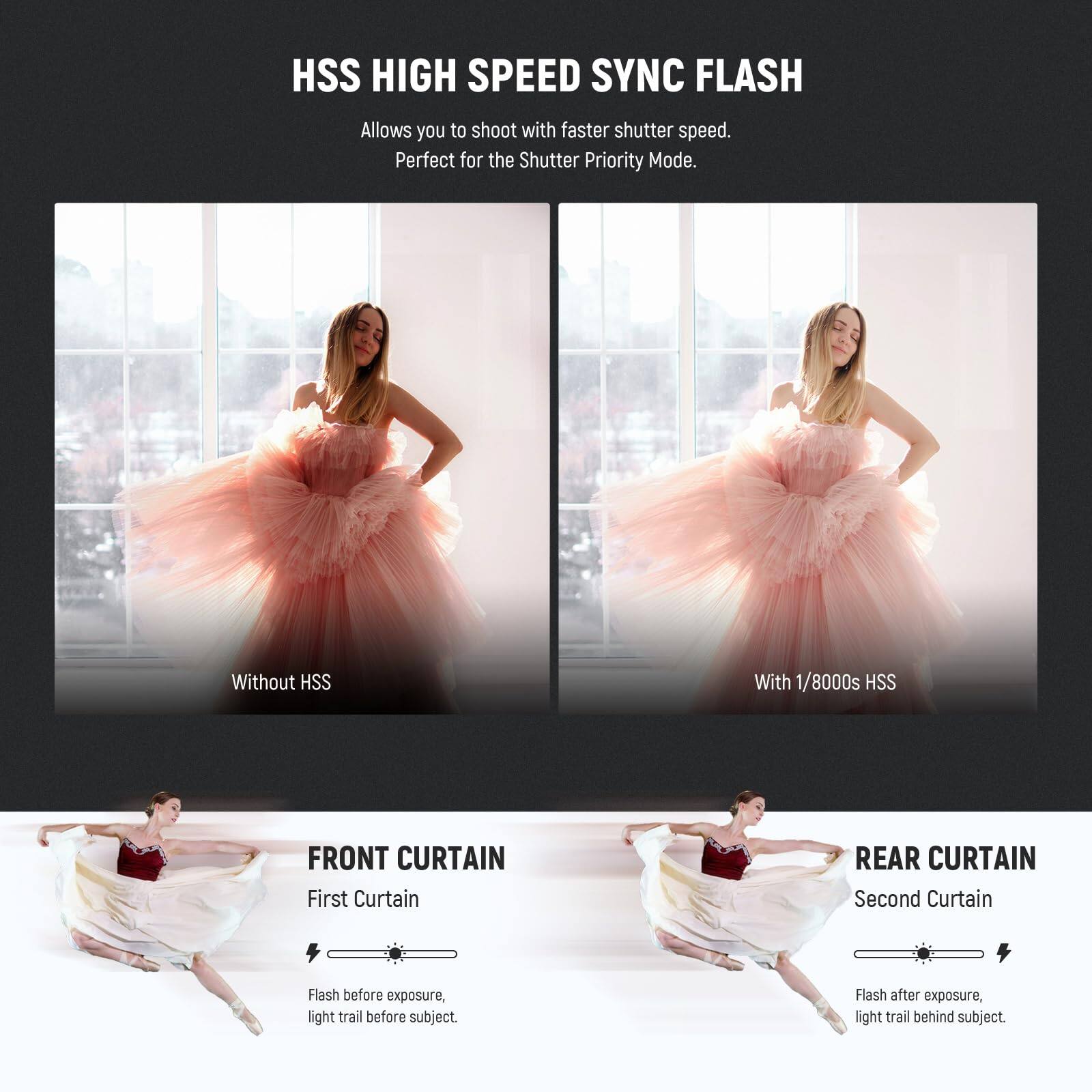 HSS HIGH SPEED SYNC FLASH  
Allows you to shoot with faster shutter speed.  
Perfect for the Shutter Priority Mode.  

Without HSS  
With 1/8000s HSS  

FRONT CURTAIN  
First Curtain  
Flash before exposure, light trail before subject.  

REAR CURTAIN  
Second Curtain  
Flash after exposure, light trail behind subject.