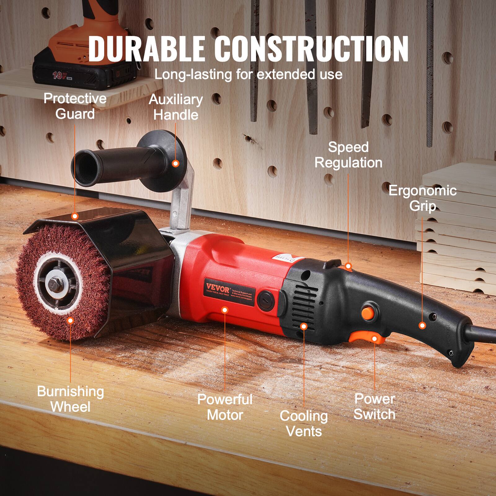 DURABLE CONSTRUCTION  
Long-lasting for extended use  
Protective Guard  
Auxiliary Handle  
Speed Regulation  
Ergonomic Grip  
Burnishing Wheel  
Powerful Motor  
Cooling Vents  
Power Switch
