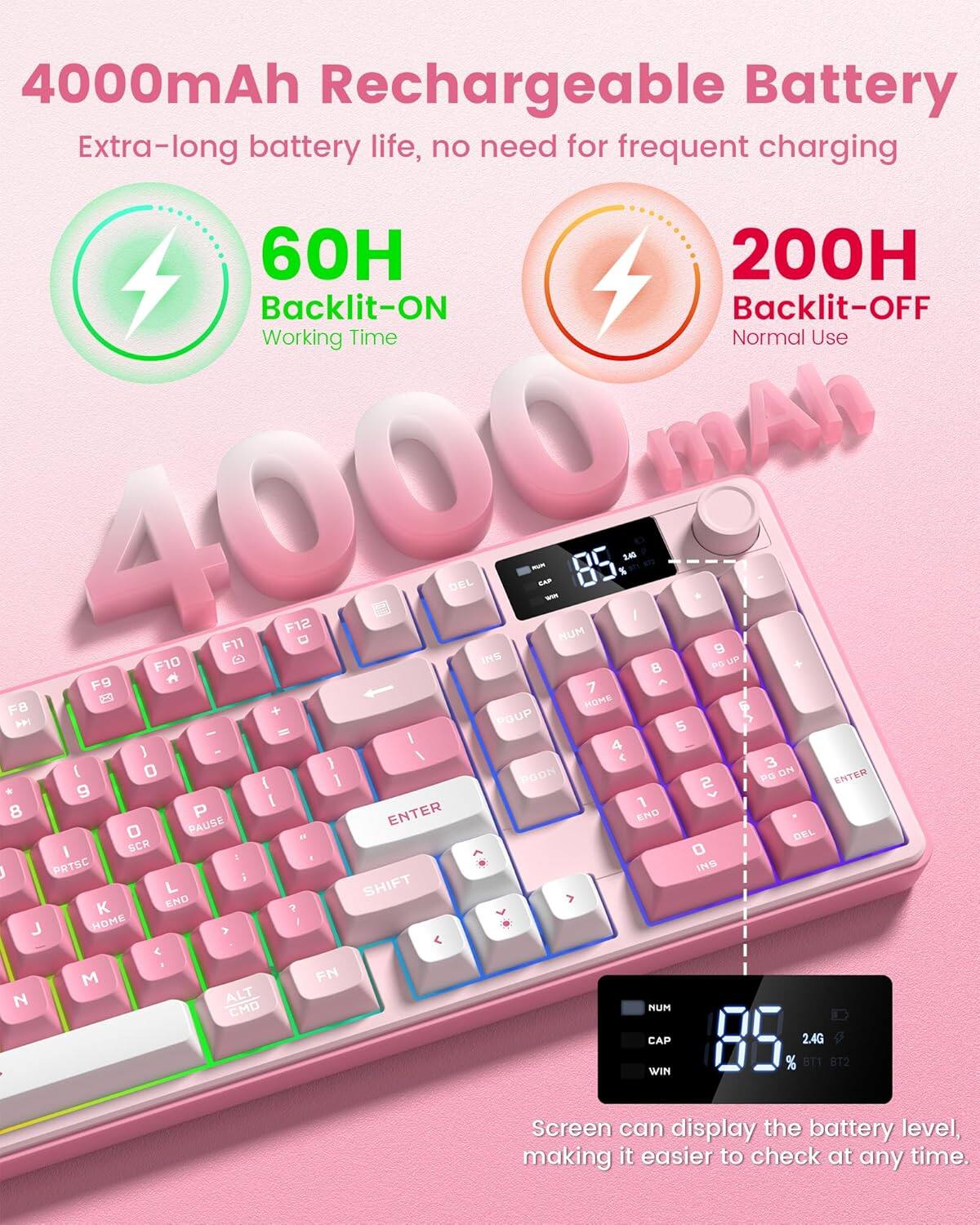 4000mAh Rechargeable Battery  
Extra-long battery life, no need for frequent charging  

60H Backlit-ON  
200H Backlit-OFF  

Working Time  
Normal Use  

4000 mAh  

Screen can display the battery level, making it easier to check at any time.