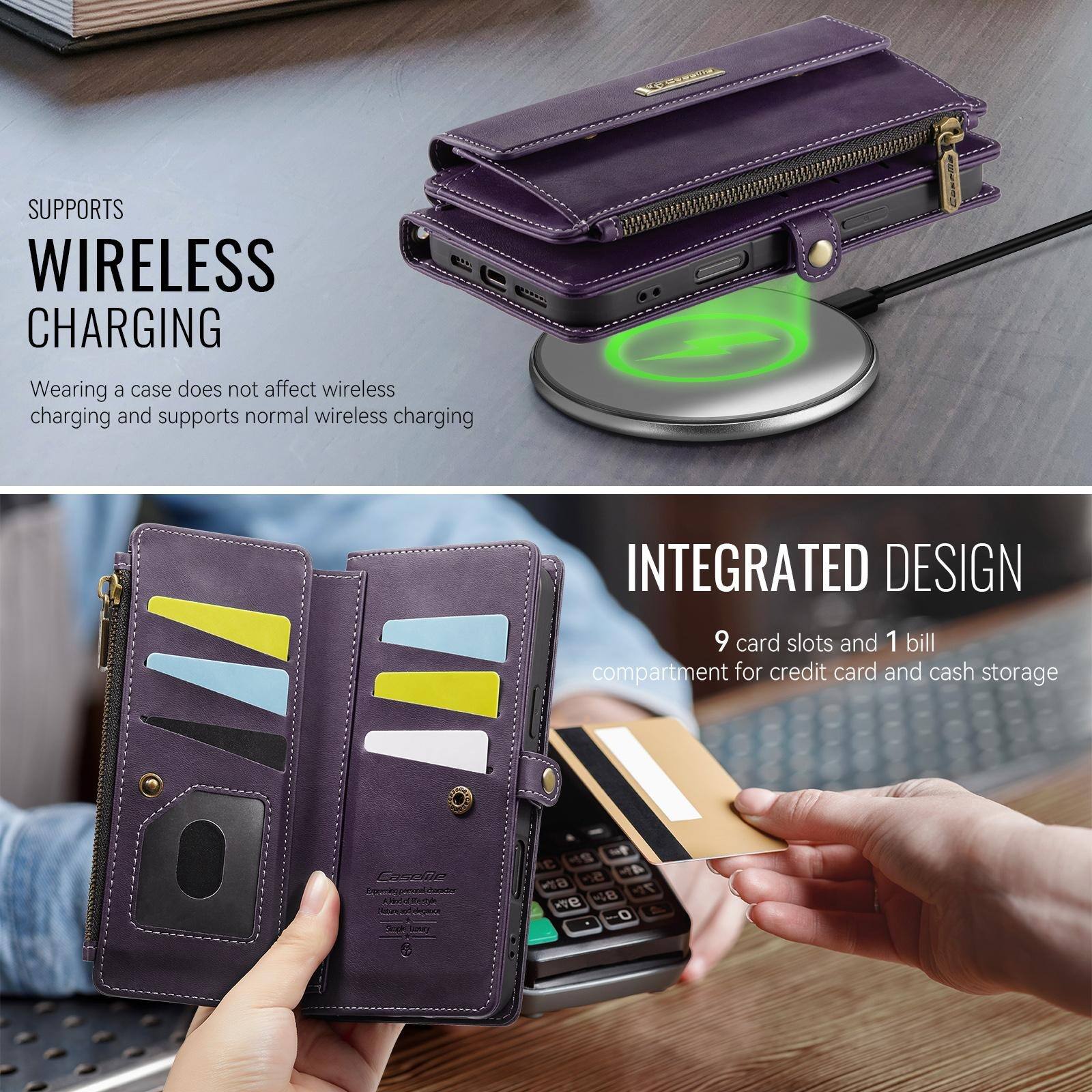 SUPPORTS WIRELESS CHARGING  
Wearing a case does not affect wireless charging and supports normal wireless charging

INTEGRATED DESIGN  
9 card slots and 1 bill compartment for credit card and cash storage