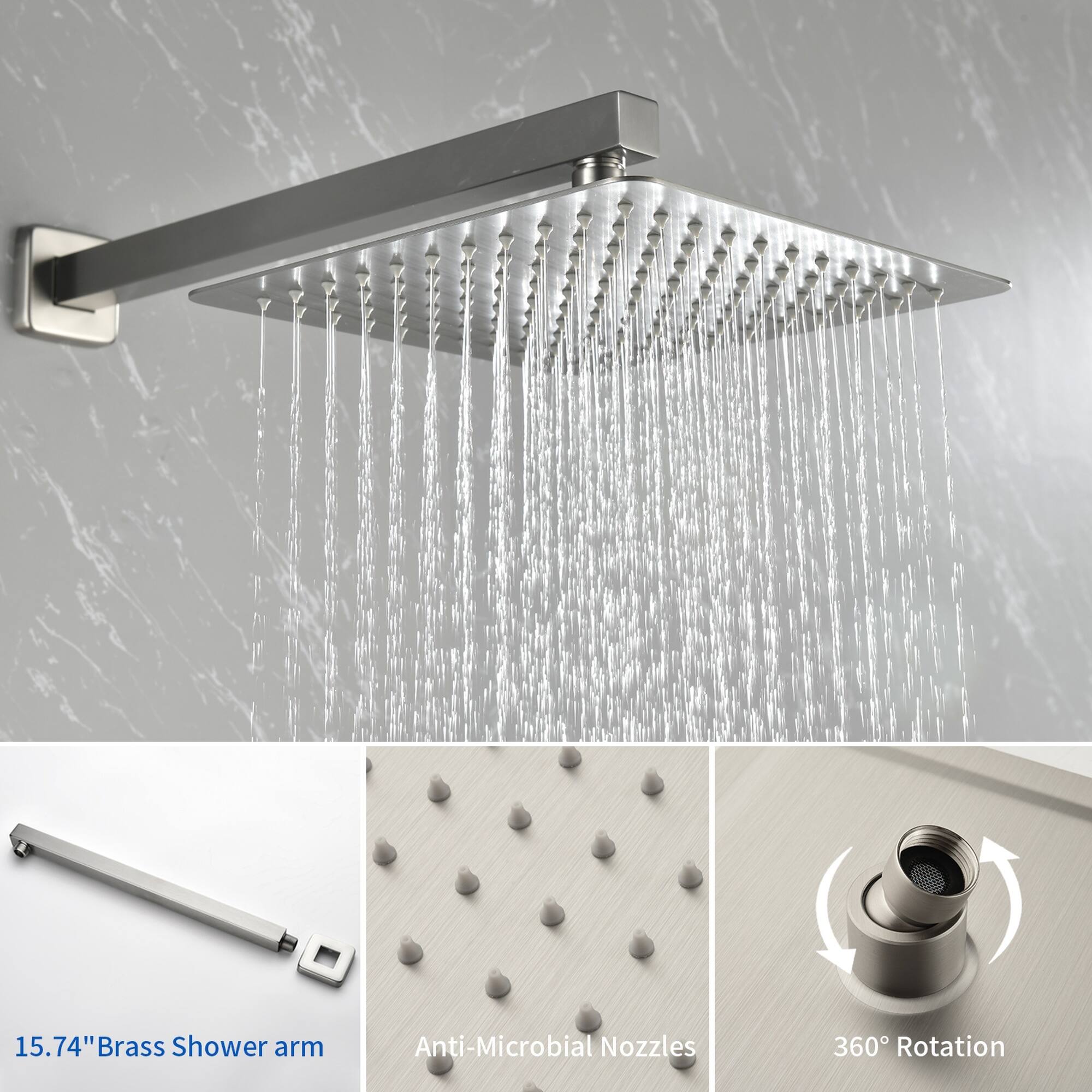 15.74" Brass Shower Arm  
Anti-Microbial Nozzles  
360° Rotation