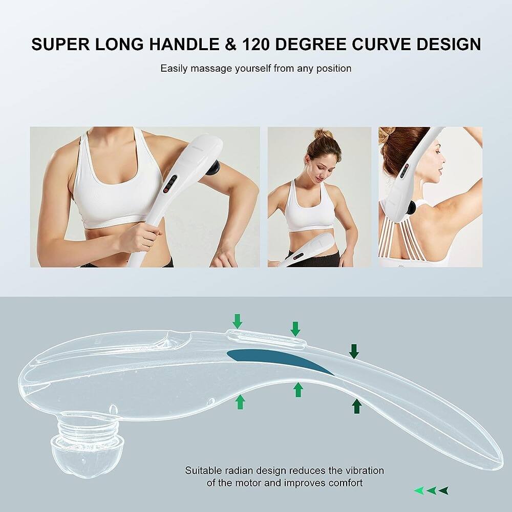 SUPER LONG HANDLE & 120 DEGREE CURVE DESIGN  
Easily massage yourself from any position  

Suitable radian design reduces the vibration of the motor and improves comfort