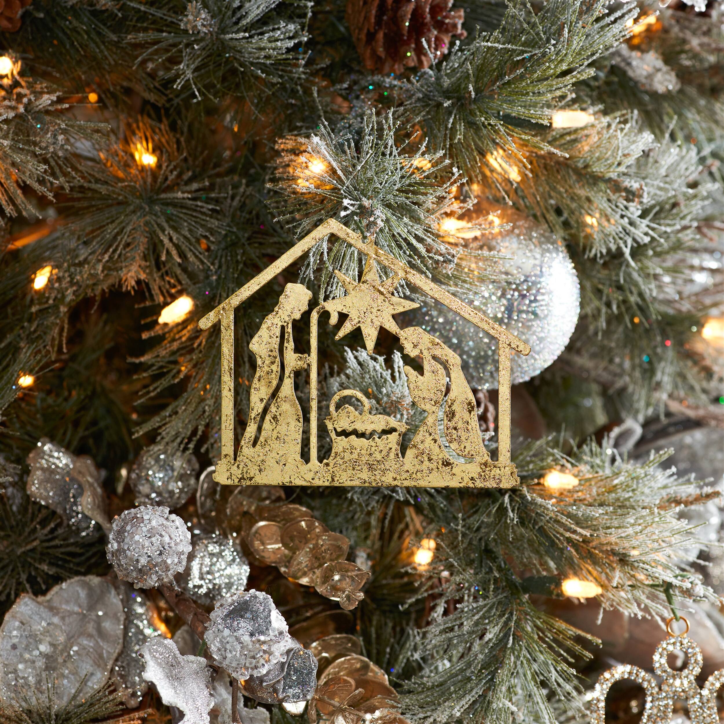 Angle. BreeBe - Metal Holy Family Cut Out Ornament (Set of 12) - Gold.