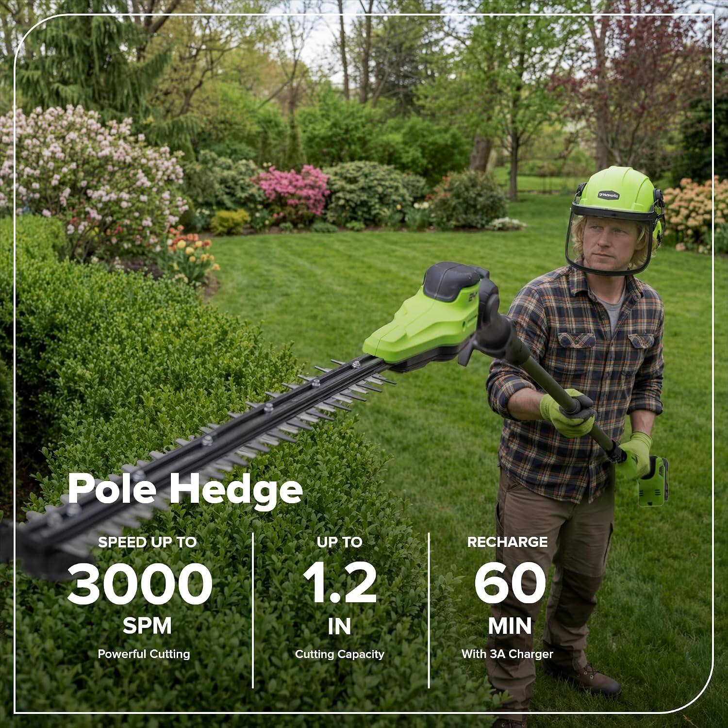 Pole Hedge  
SPEED UP TO 3000 SPM  
Powerful Cutting  
UP TO 1.2 IN Cutting Capacity  
RECHARGE 60 MIN  
With 3A Charger