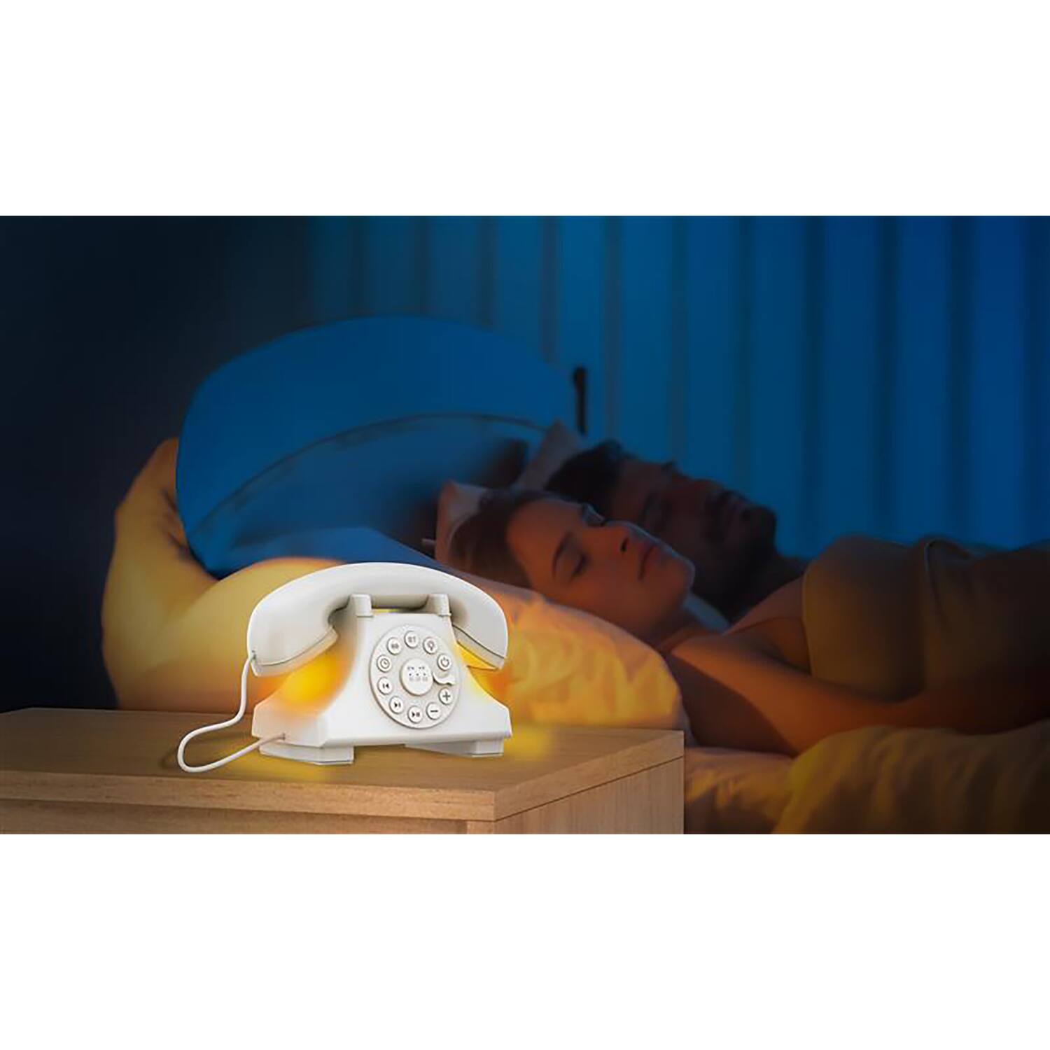 Left. Priority Products - Retro Telephone-Shaped Sleeping Machine, Bluetooth Speaker, Night-Light - White.