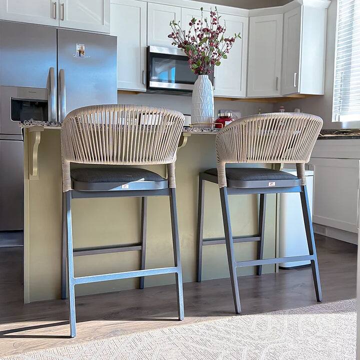 Back. PURPLE LEAF - Outdoor Bar Stool Set of 2 Rattan Bar Stools with Back Metal Bar Height Stool Outdoor Bar Chair for Garden Kitchen - Dark Grey-Counter Height.