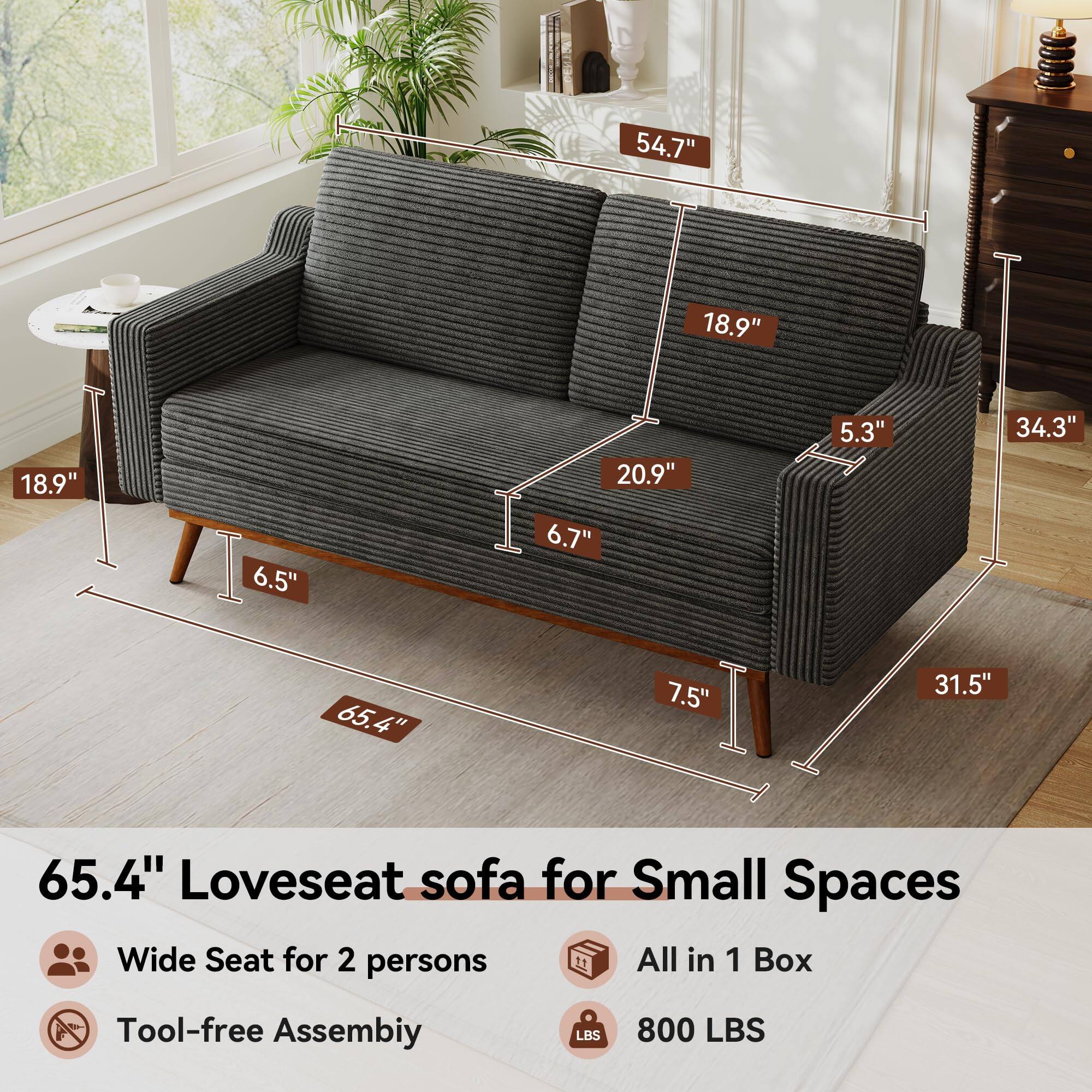 54.7"  
18.9"  
18.9"  
6.5"  
20.9"  
6.7"  
5.3"  
34.3"  
65.4"  
7.5"  
31.5"  
65.4" Loveseat sofa for Small Spaces Wide Seat for 2 persons All in 1 Box  
Tool-free Assembly  
800 LBS