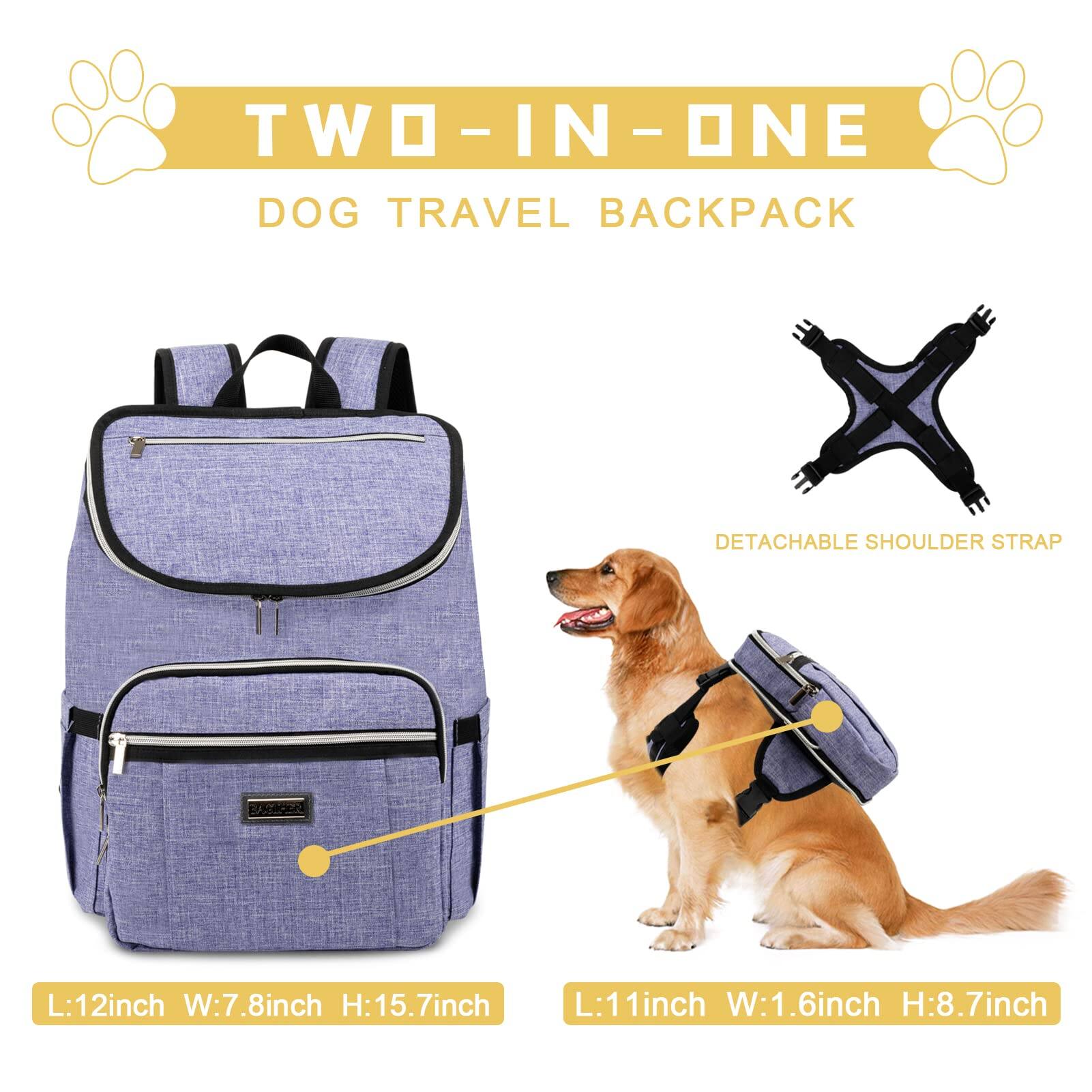 TWO-IN-ONE  
DOG TRAVEL BACKPACK  

DETACHABLE SHOULDER STRAP  

L: 12 inch  
W: 7.8 inch  
H: 15.7 inch  

L: 11 inch  
W: 1.6 inch  
H: 8.7 inch