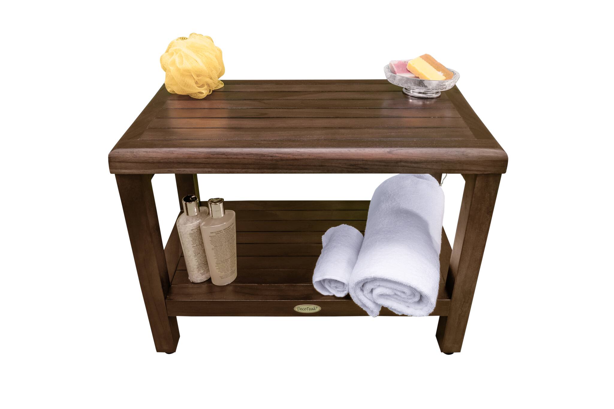 Back. DecoTeak - DecoTeak Eleganto 24" Teak Wood Shower Bench with Shelf in Woodland Brown Finish - Woodland Brown.