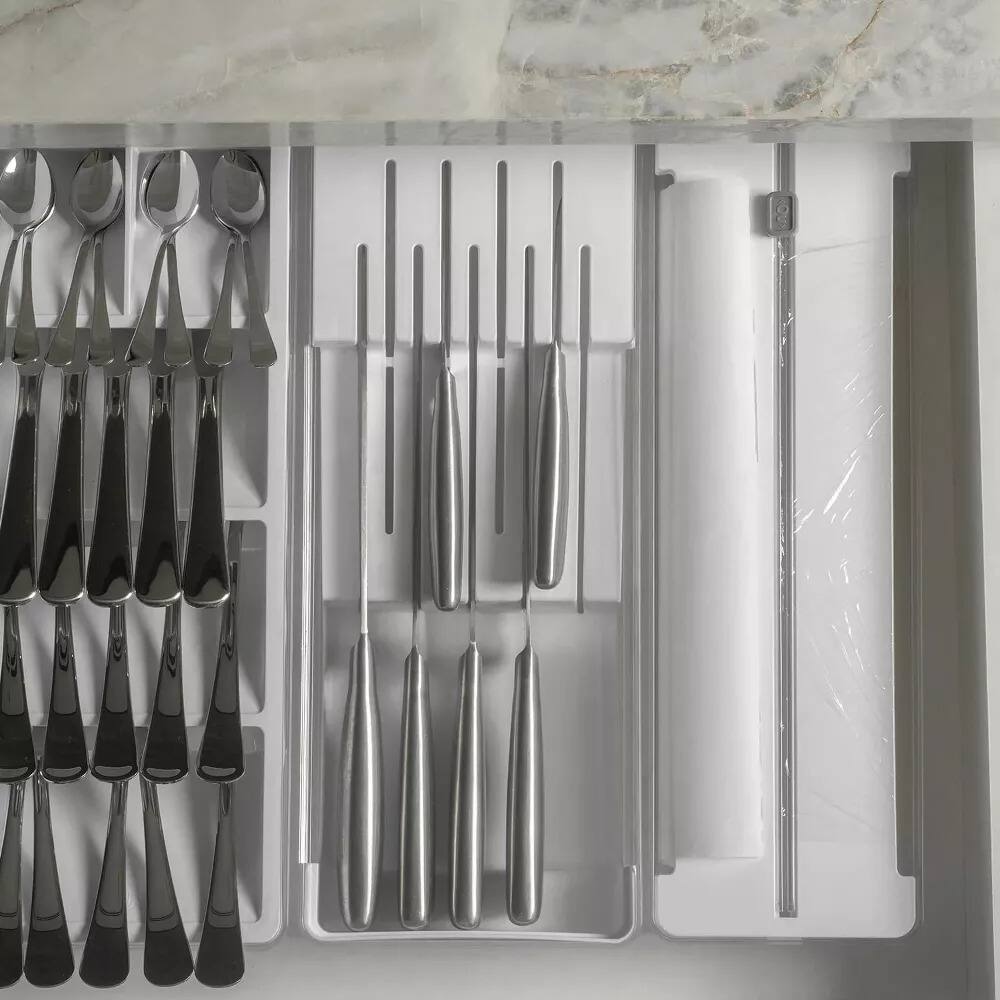 Left. OU - OU In-Drawer Silverware and Utensils Organizer Set – Knife & Utensil Holder, Wrap Roll Dispenser - White - White.