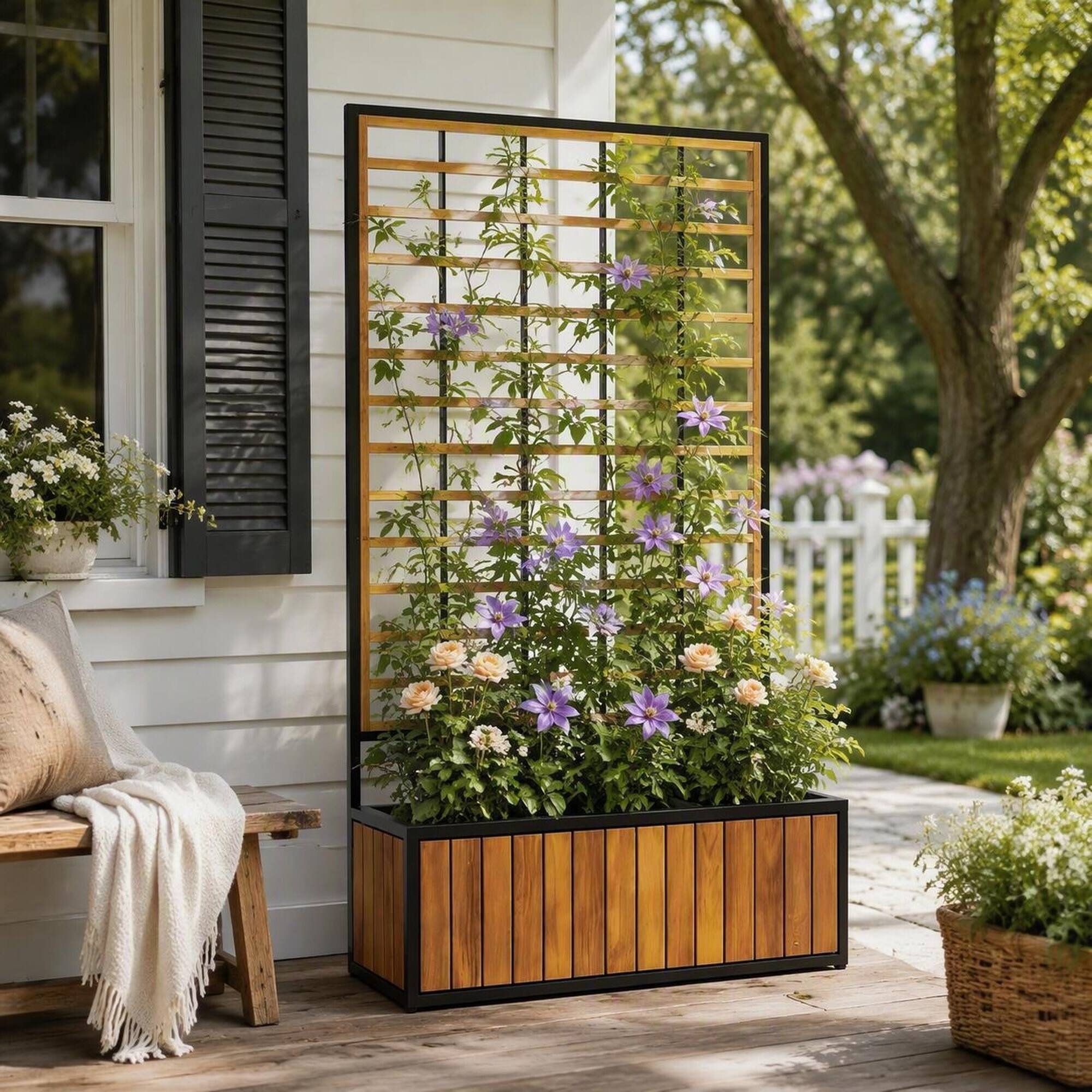 Left. RYHNUYNE - Natural Acacia Wood Raised Garden Bed with Trellis and Three Planters, 29.1 by 51.6 Inch, Teak and Black - Teak.