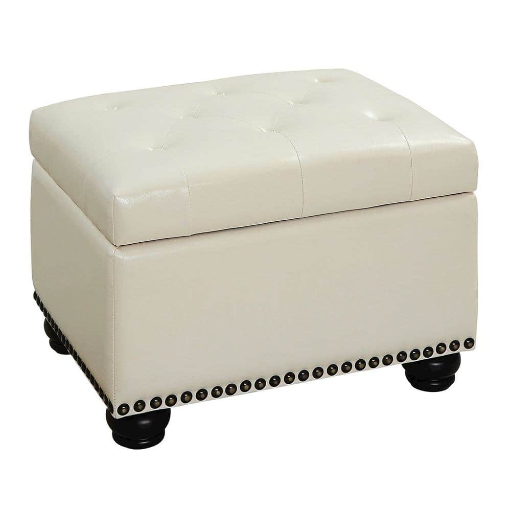 FurniFact - Storage Footrest Ottoman Chair - Ivory Faux Leather