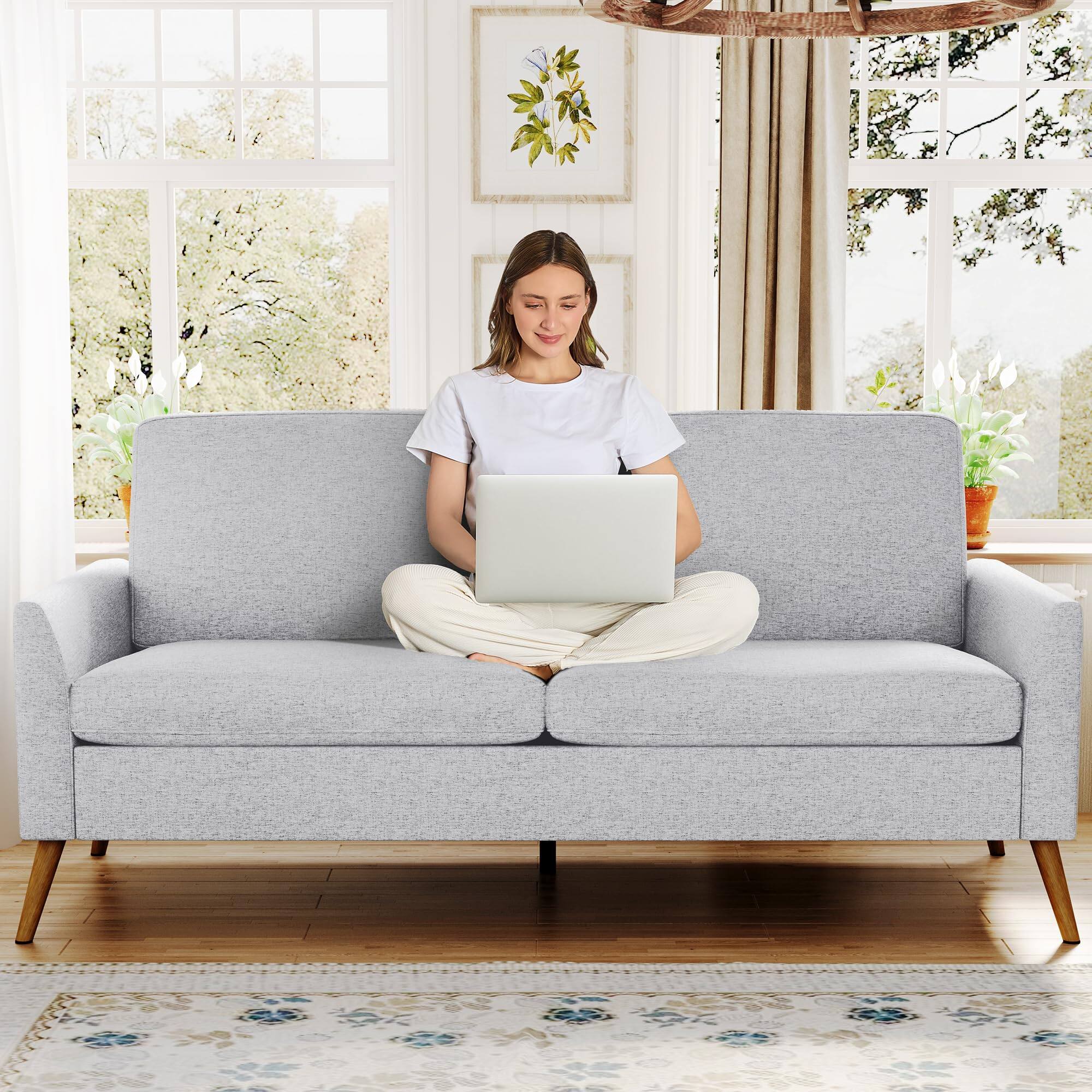 Alt View 5. Dyonery - 68" Loveseat Sofa, Comfy  Linen Couches for Living Room, Mid Century Modern Love Seat Sofa - Grey.