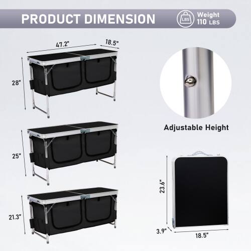 PRODUCT DIMENSION  
Weight: 110 LBS  
47.2" x 18.5" x 28"  
Adjustable Height: 25" to 23.6" to 21.3"  
3.9" x 18.5"