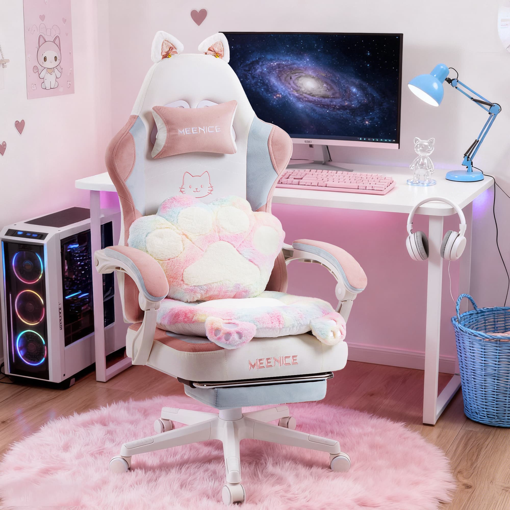 Dowinx - Meenice Gaming Chair Cute with Fluffy Seat Cushion & Lumbar Pillow, Game Chair with Cat Ear Decos for Girls - Rainbow