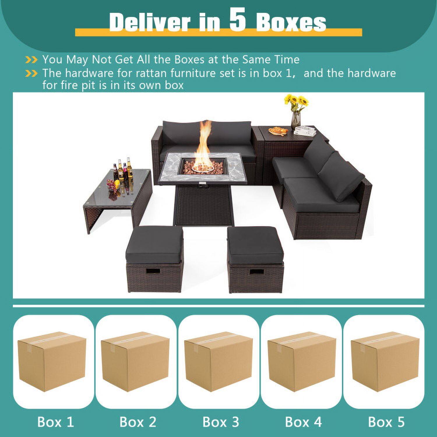 Deliver in 5 Boxes

>> You May Not Get All the Boxes at the Same Time

>> The hardware for rattan furniture set is in box 1, and the hardware for fire pit is in its own box

Box 1 Box 2 Box 3 Box 4 Box 5