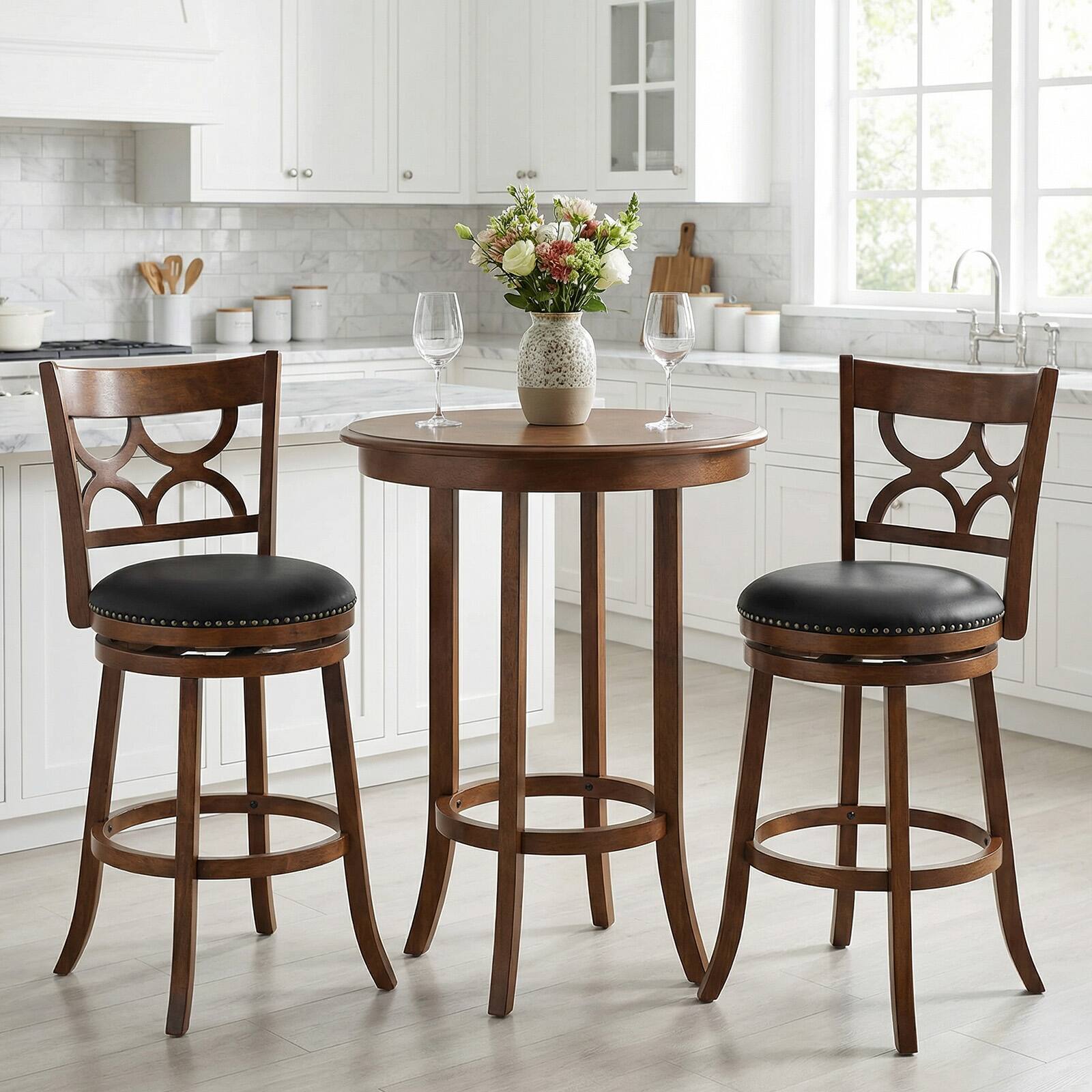Alt View 4. Gymax - Gymax 31'' Bar Height Stools Set of 4 w/Rubber Wood Frame Upholstered Seat & Footrest - Brown.