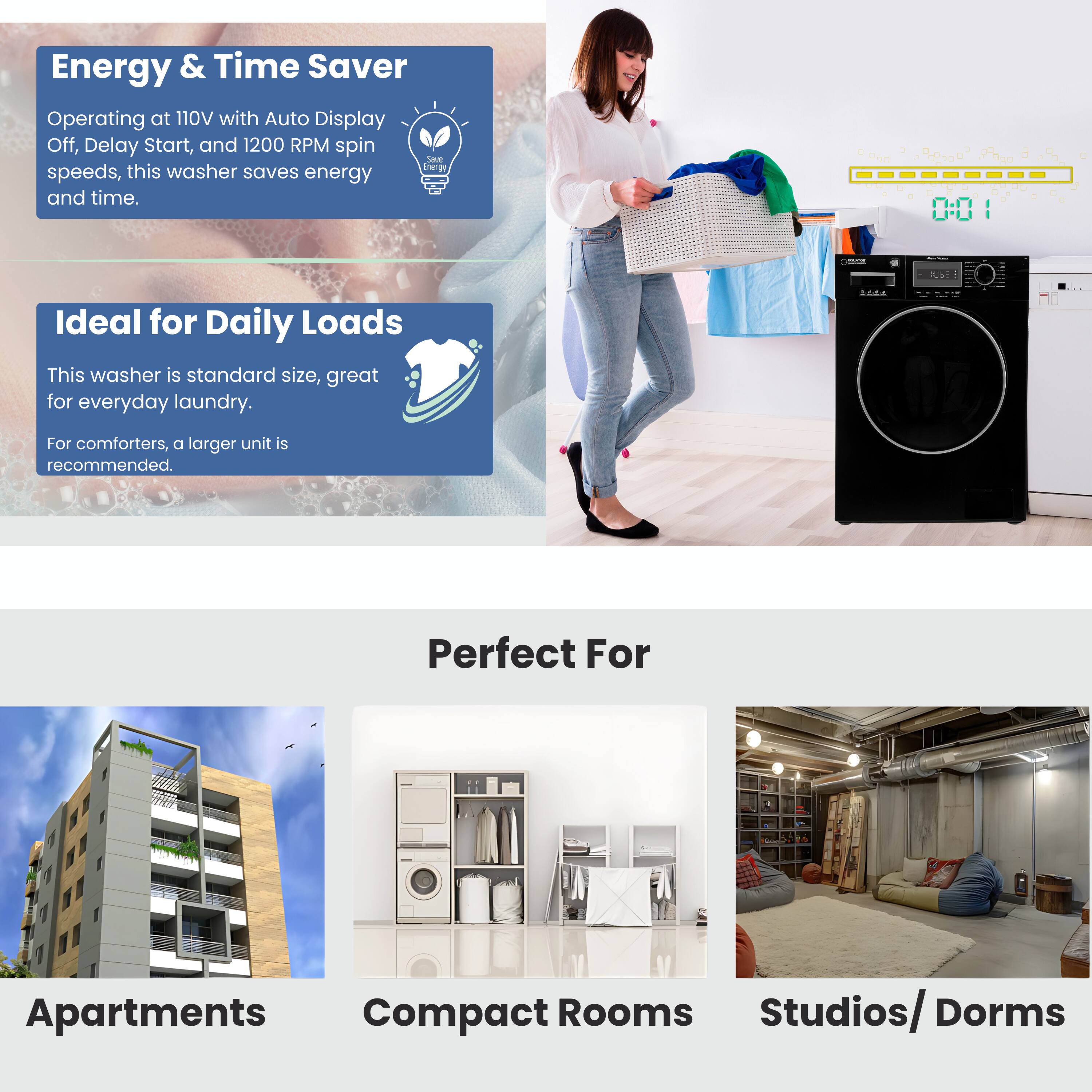 Energy & Time Saver  
Operating at 110V with Auto Display Off, Delay Start, and 1200 RPM spin speeds, this washer saves energy and time.

Ideal for Daily Loads  
This washer is standard size, great for everyday laundry. For comforters, a larger unit is recommended.

Perfect For  
Apartments  
Compact Rooms  
Studios/ Dorms