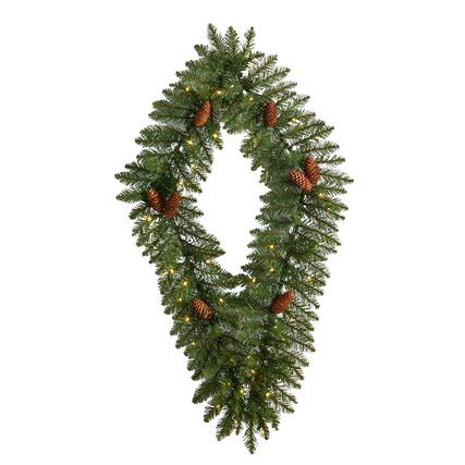 Front. BreeBe - 3' Diamond Wreath w/Pinecones 50 LEDs & 150 Branches - Green.