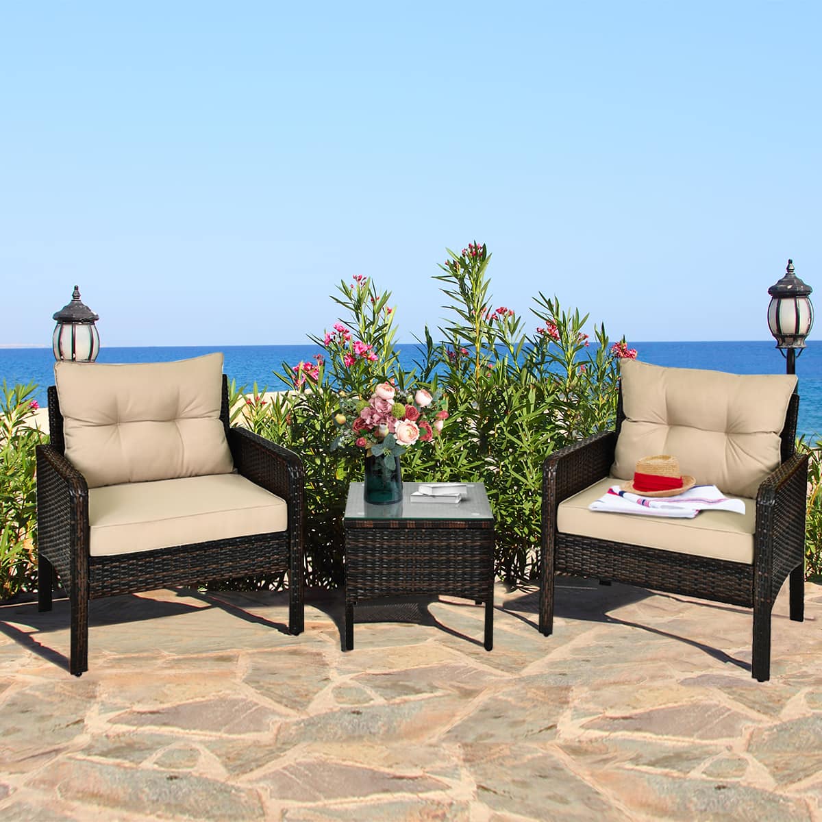 Gymax - 3PCS Patio Outdoor Rattan Furniture Set w/ Cushioned Chairs Coffee Table - Brown price history on PriceWatchPro