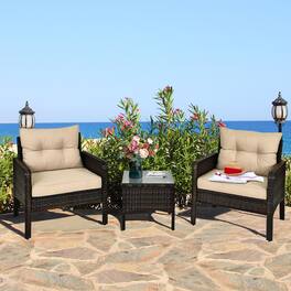 Gymax - 3PCS Patio Outdoor Rattan Furniture Set w/ Cushioned Chairs Coffee Table - Brown